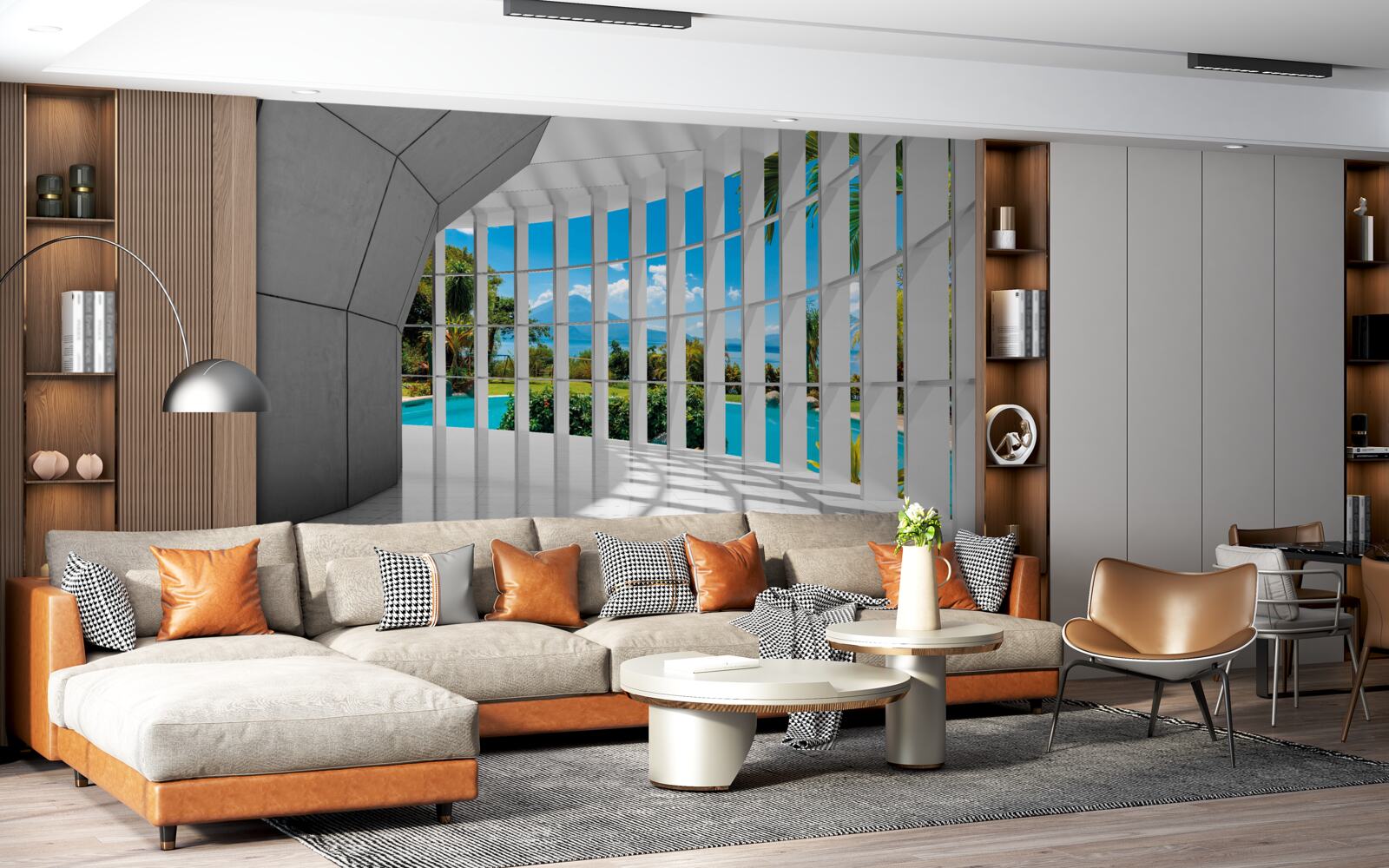 Fotobehang moderne stijl in de gang, waardoor een gevoel van perspectief ontstaat