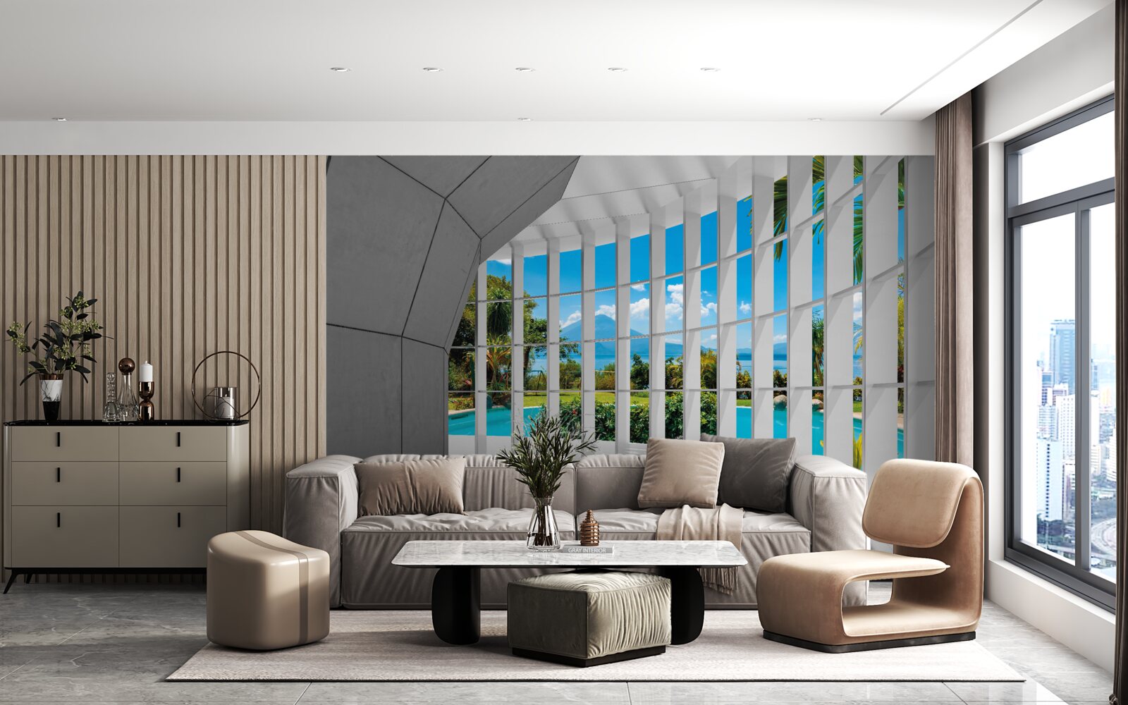 Fotobehang moderne stijl in de gang, waardoor een gevoel van perspectief ontstaat