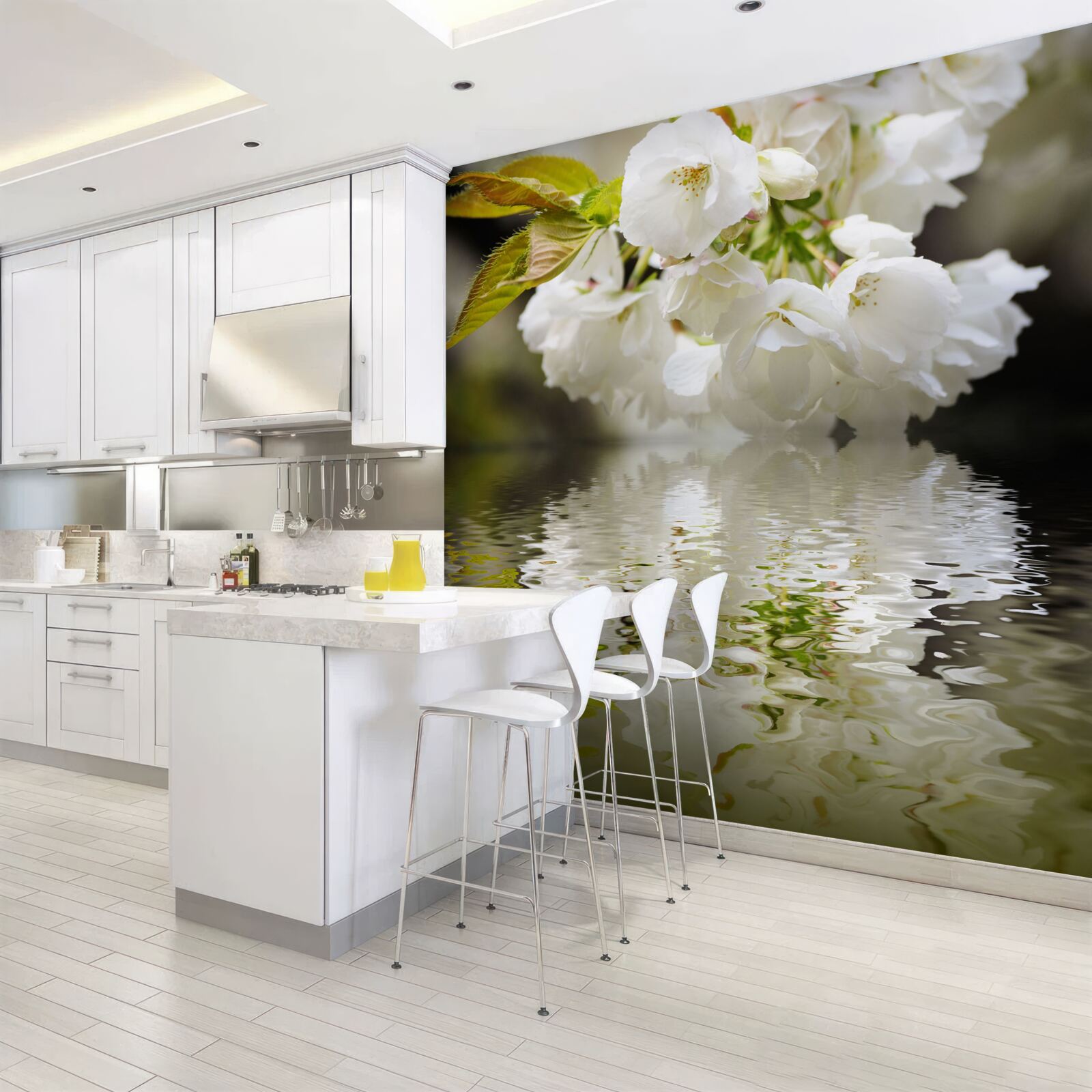 Fotobehang sakurabloemen in witte tinten leunen over het wateroppervlak