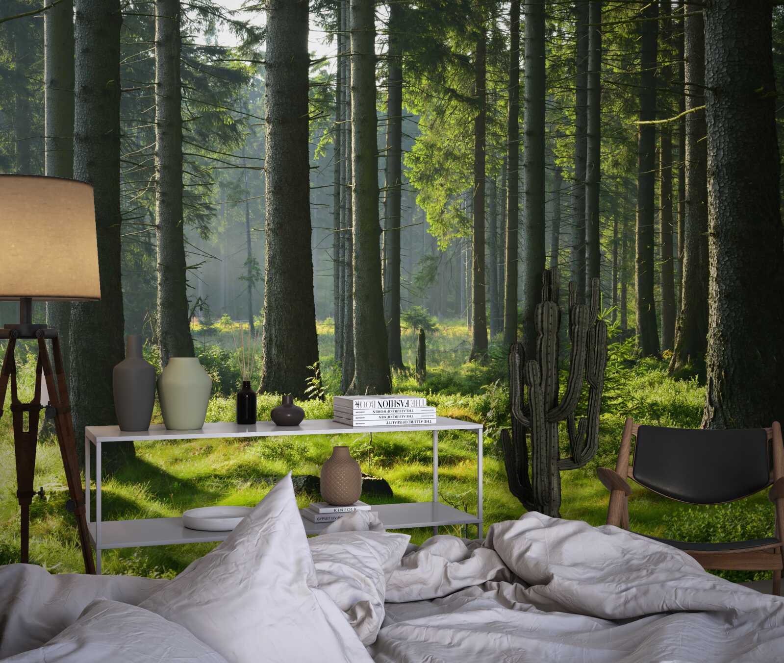 Fotobehang hoge oude bomen en groen mos