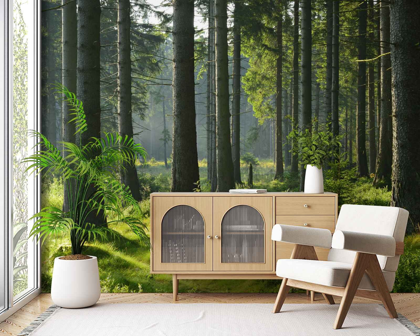 Fotobehang hoge oude bomen en groen mos