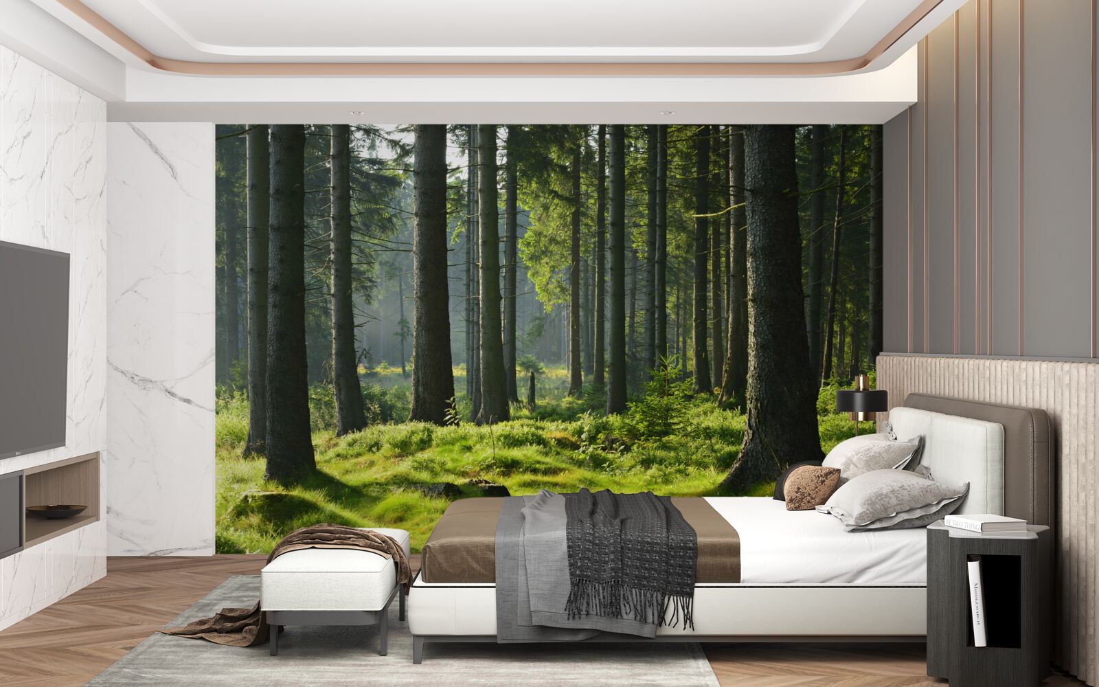 Fotobehang hoge oude bomen en groen mos