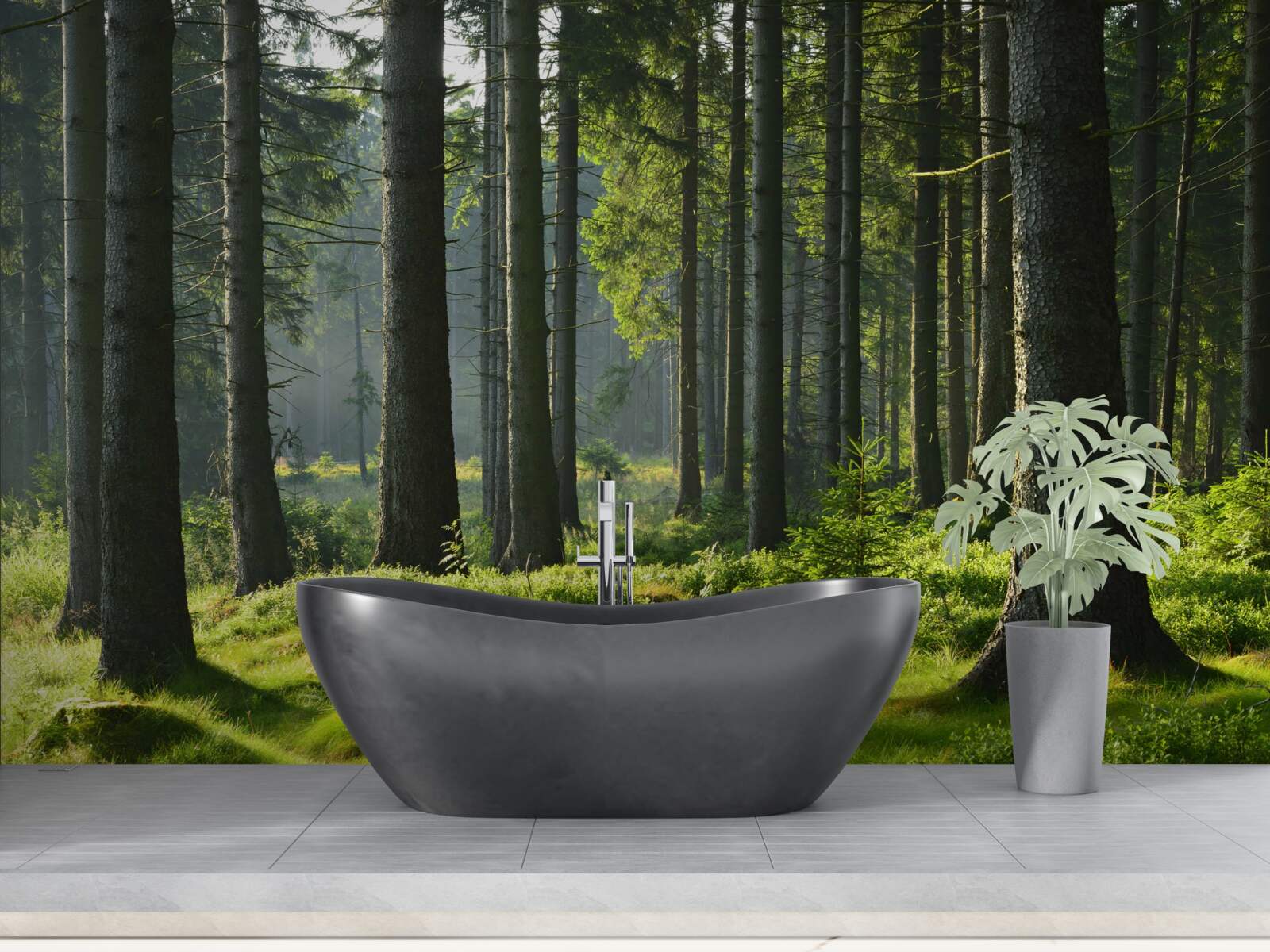 Fotobehang hoge oude bomen en groen mos