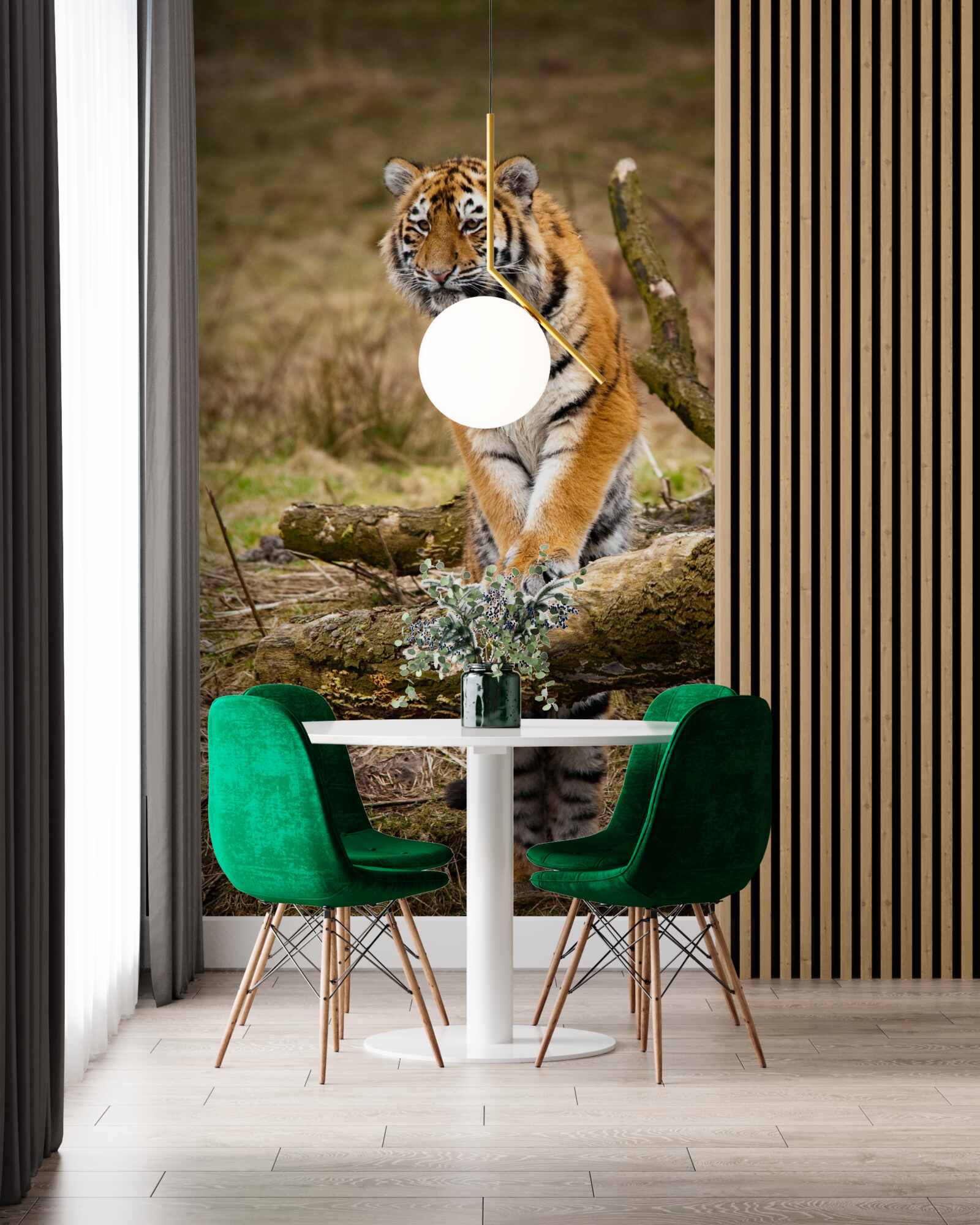 Fotobehang tijger zit op een tak en wacht op prooi