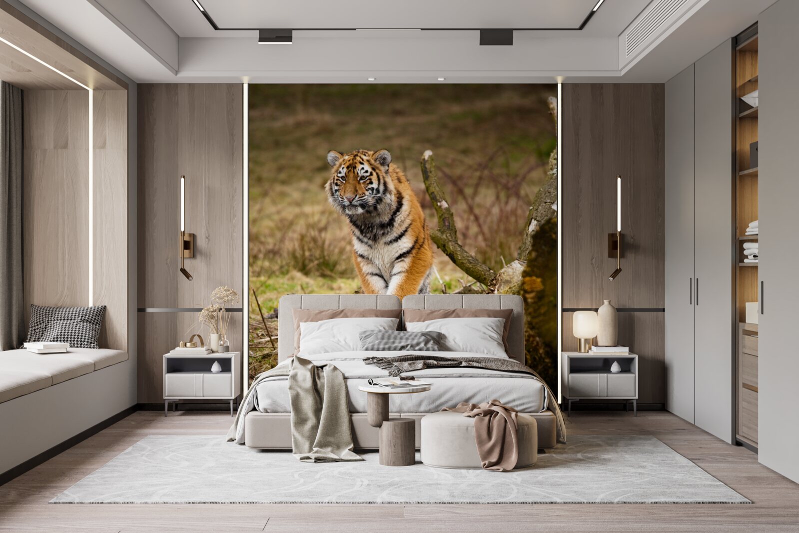 Fotobehang tijger zit op een tak en wacht op prooi