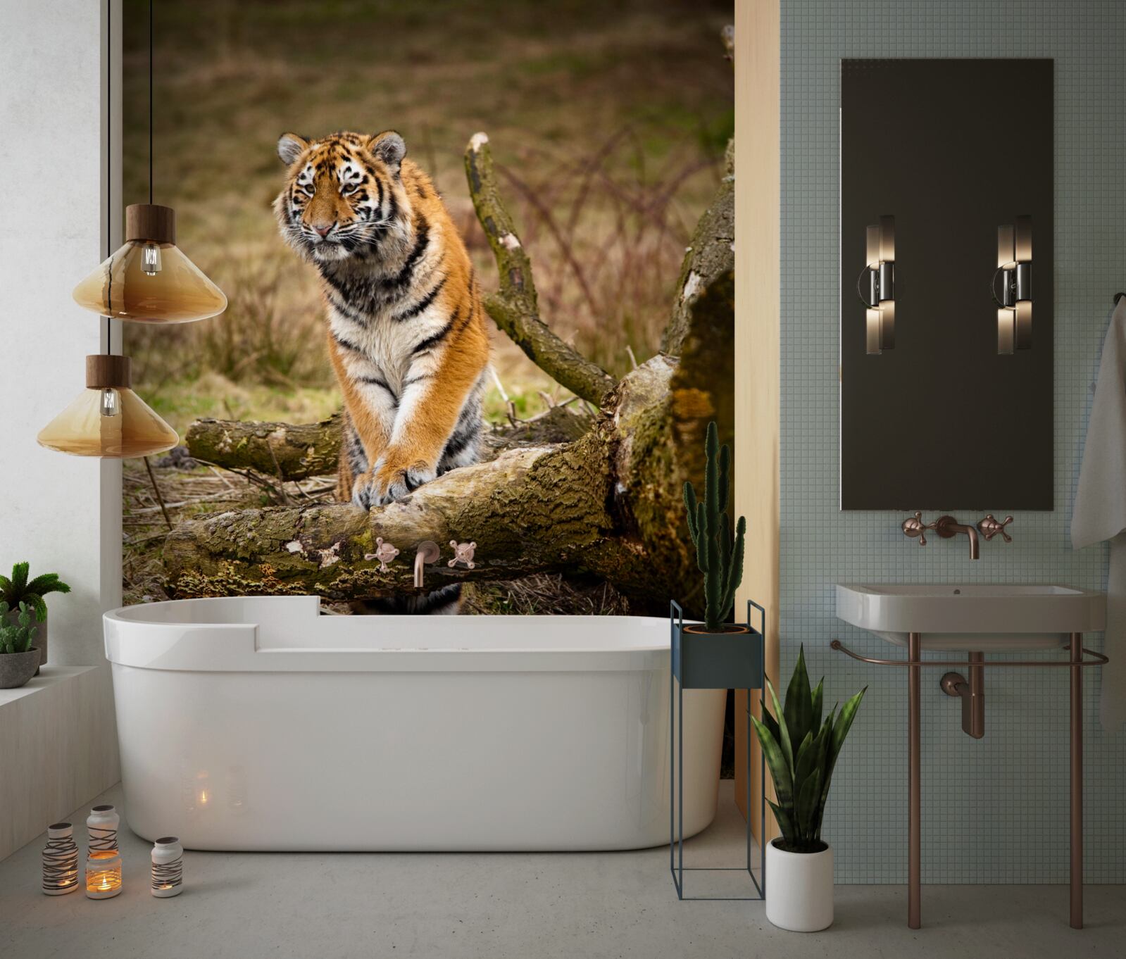 Fotobehang tijger zit op een tak en wacht op prooi