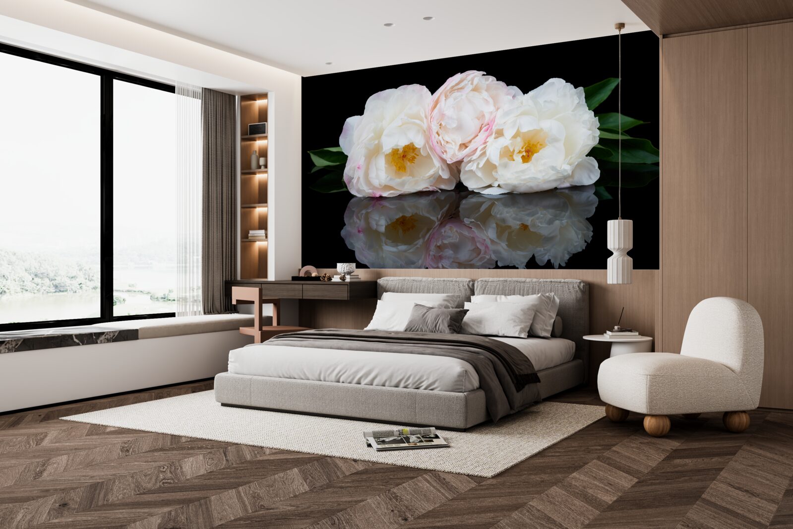 Fotobehang boeket witte bloemen weerspiegeld in het water