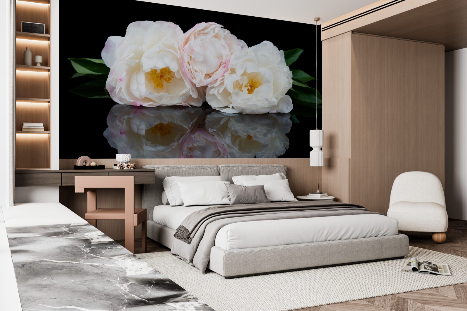 Fotobehang boeket witte bloemen weerspiegeld in het water