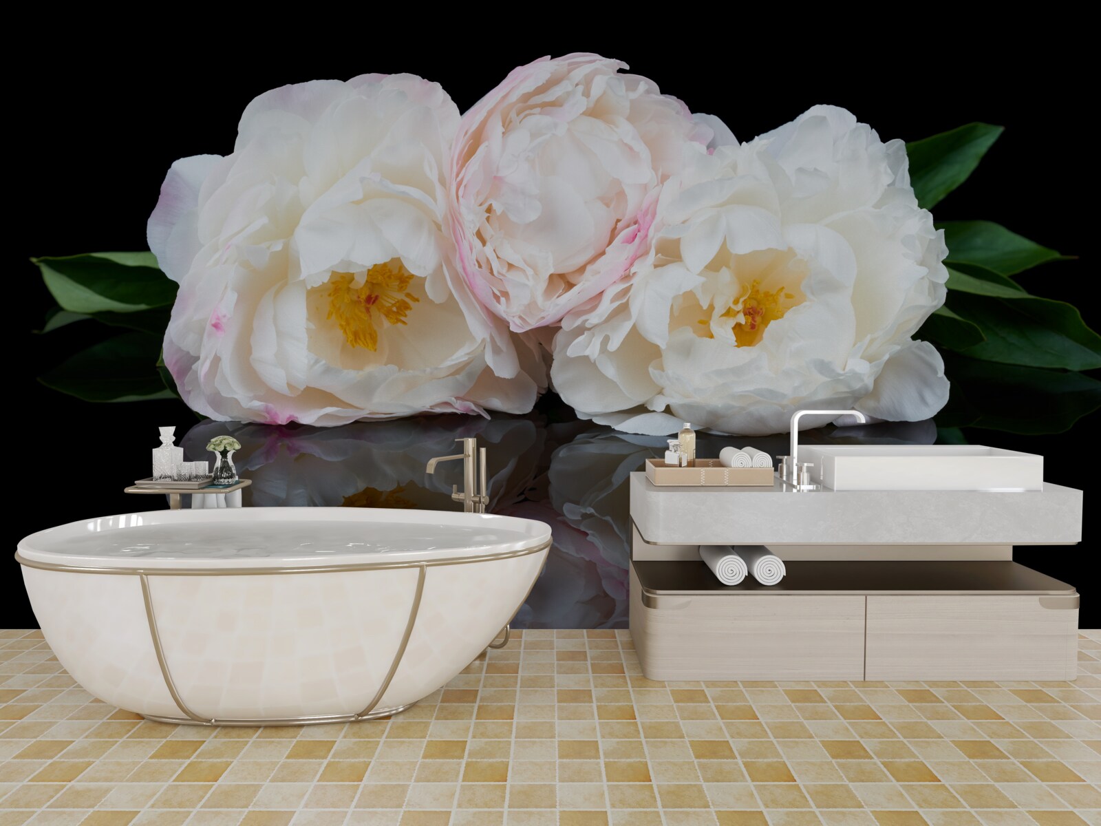 Fotobehang boeket witte bloemen weerspiegeld in het water