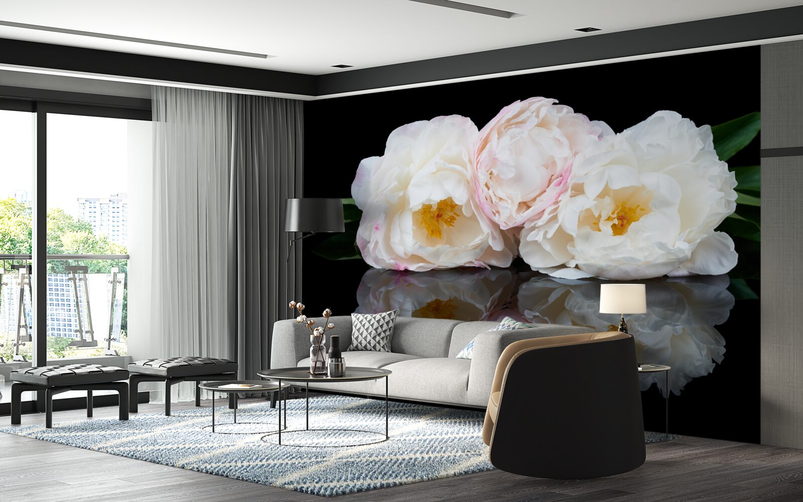 Fotobehang boeket witte bloemen weerspiegeld in het water