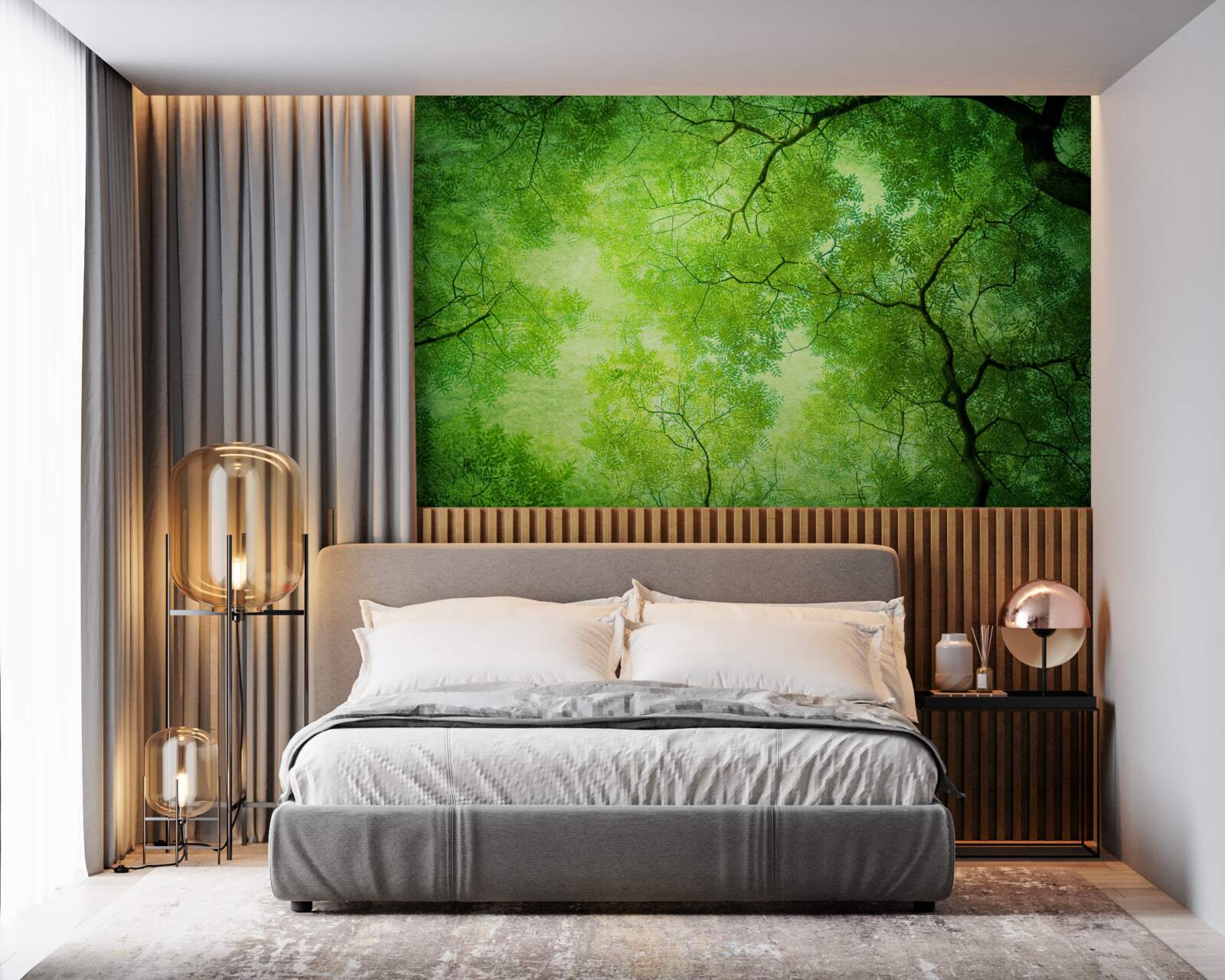 Fotobehang een zonnestraal breekt door het dichte groen van de boomtoppen