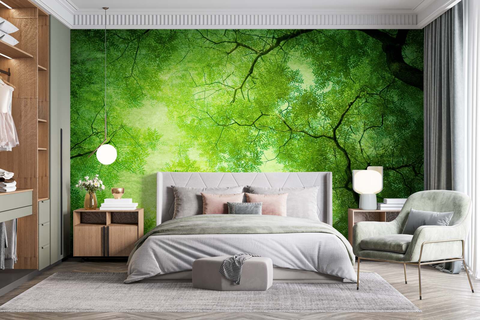 Fotobehang een zonnestraal breekt door het dichte groen van de boomtoppen