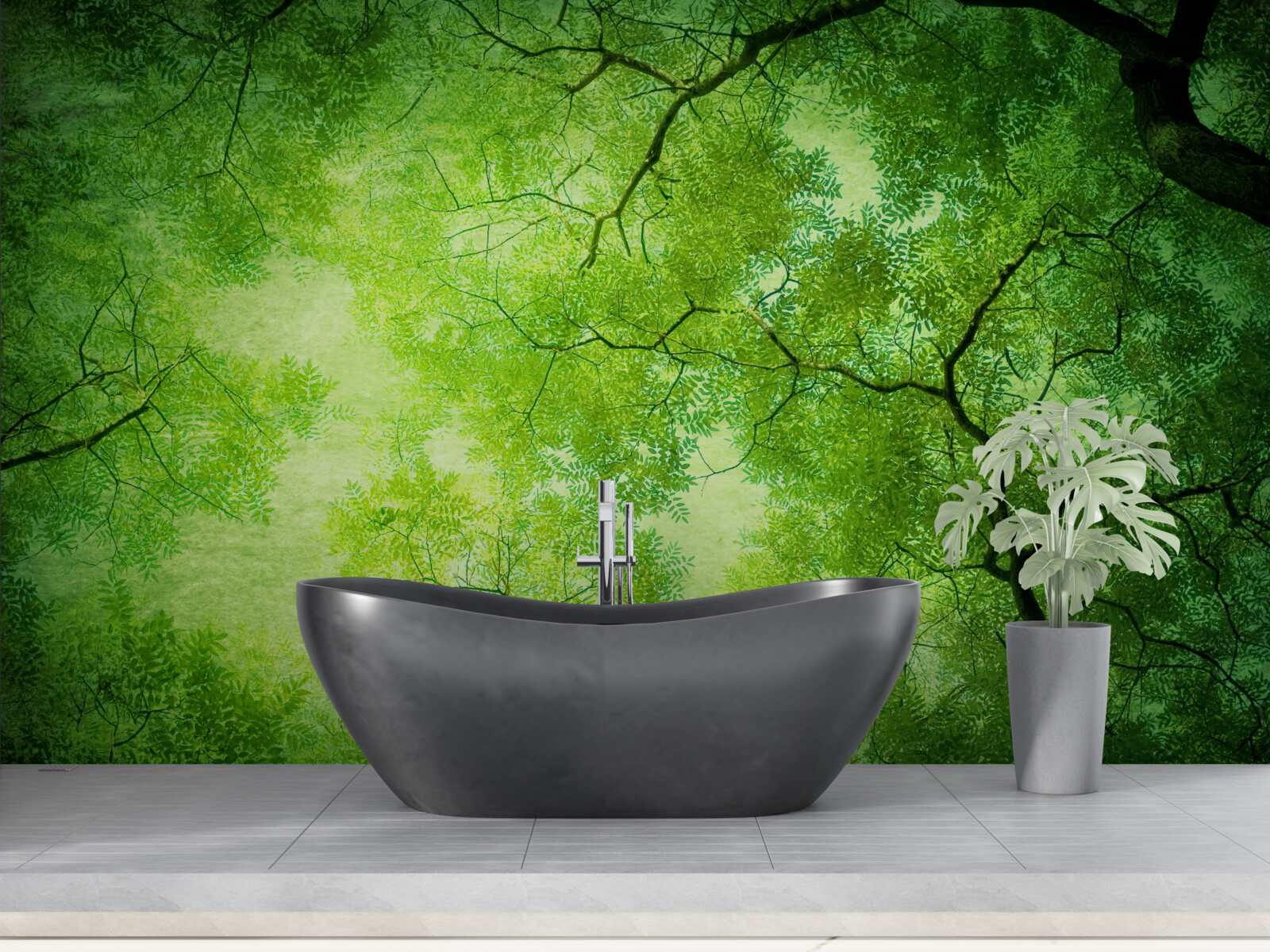 Fotobehang een zonnestraal breekt door het dichte groen van de boomtoppen