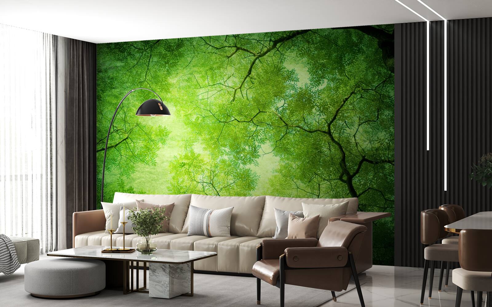 Fotobehang een zonnestraal breekt door het dichte groen van de boomtoppen