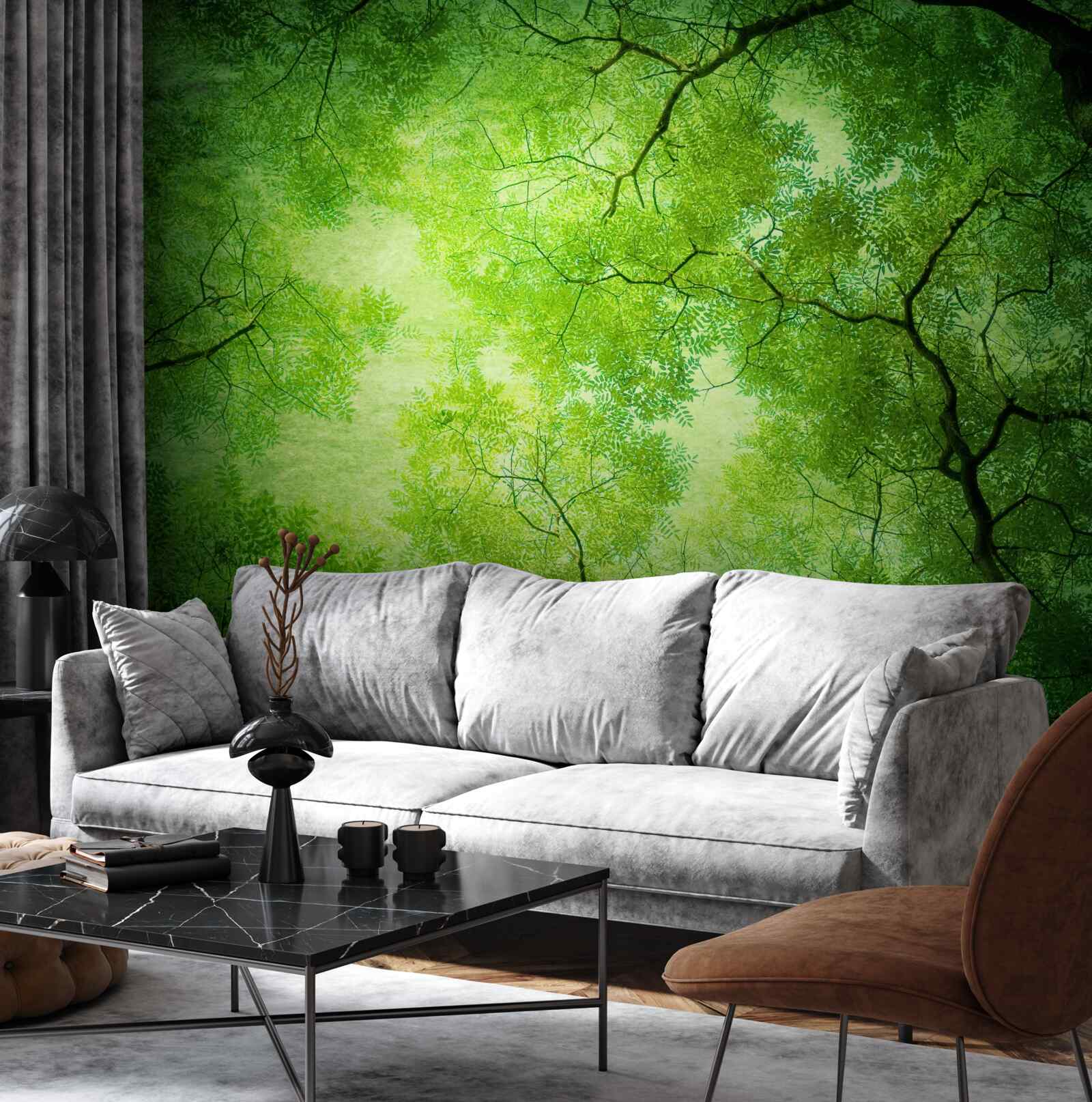 Fotobehang een zonnestraal breekt door het dichte groen van de boomtoppen