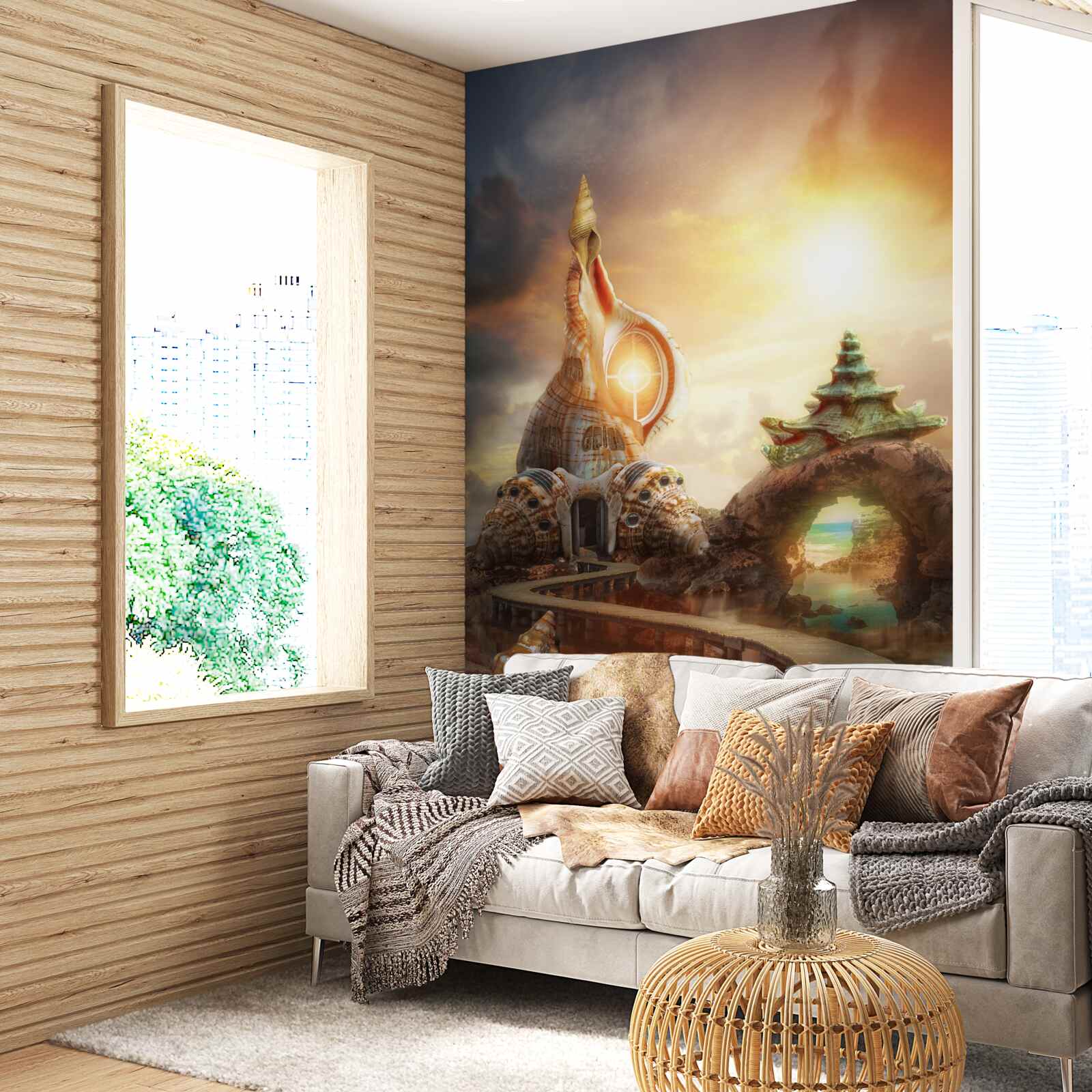 Fotobehang Pad in Japanse stijl langs het water en de kliffen