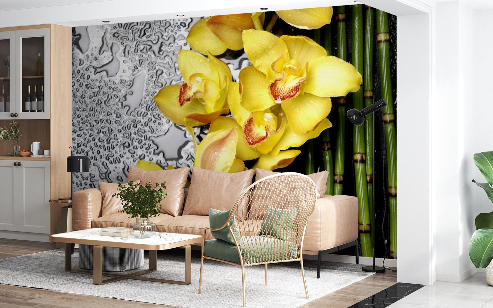 Fotobehang de gele orchidee staat op de steen naast de bamboe