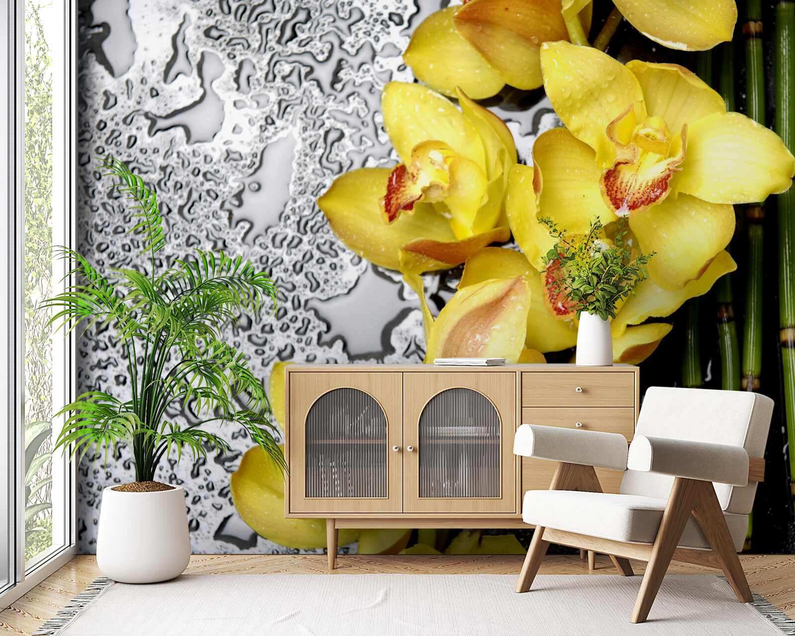 Fotobehang de gele orchidee staat op de steen naast de bamboe