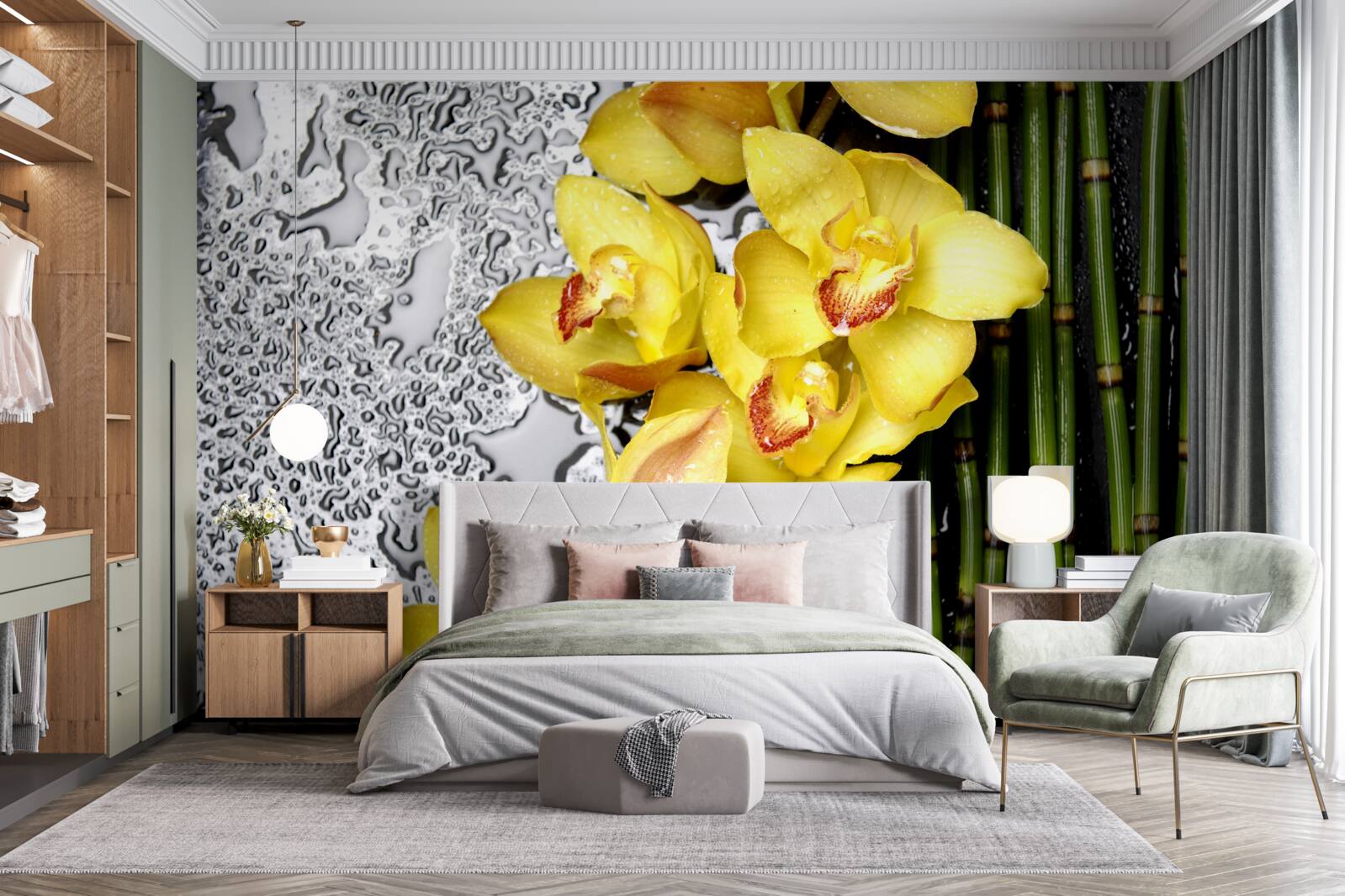 Fotobehang de gele orchidee staat op de steen naast de bamboe