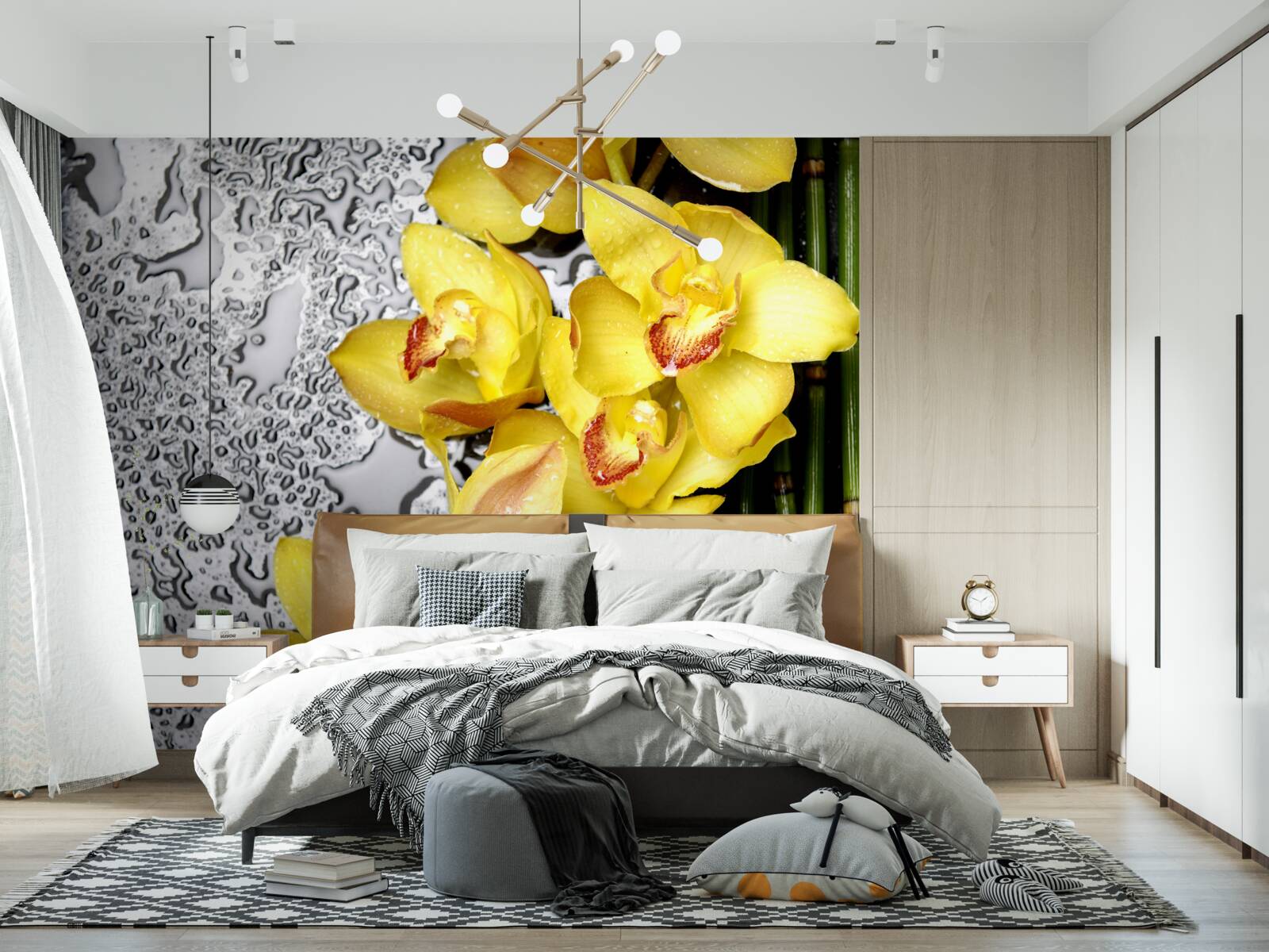 Fotobehang de gele orchidee staat op de steen naast de bamboe