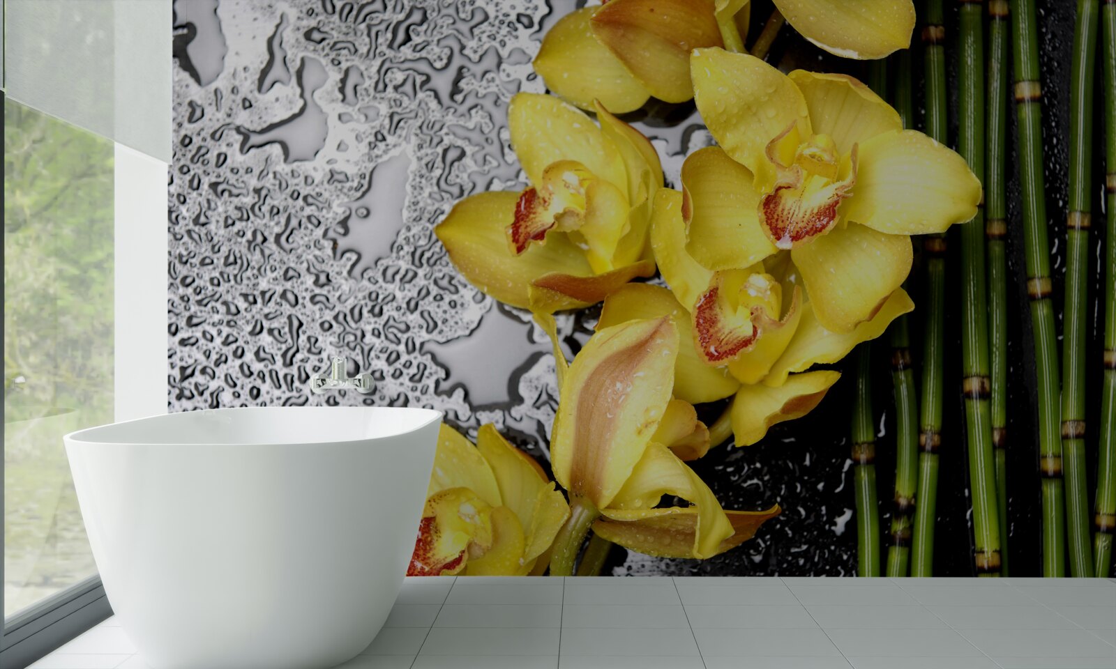 Fotobehang de gele orchidee staat op de steen naast de bamboe