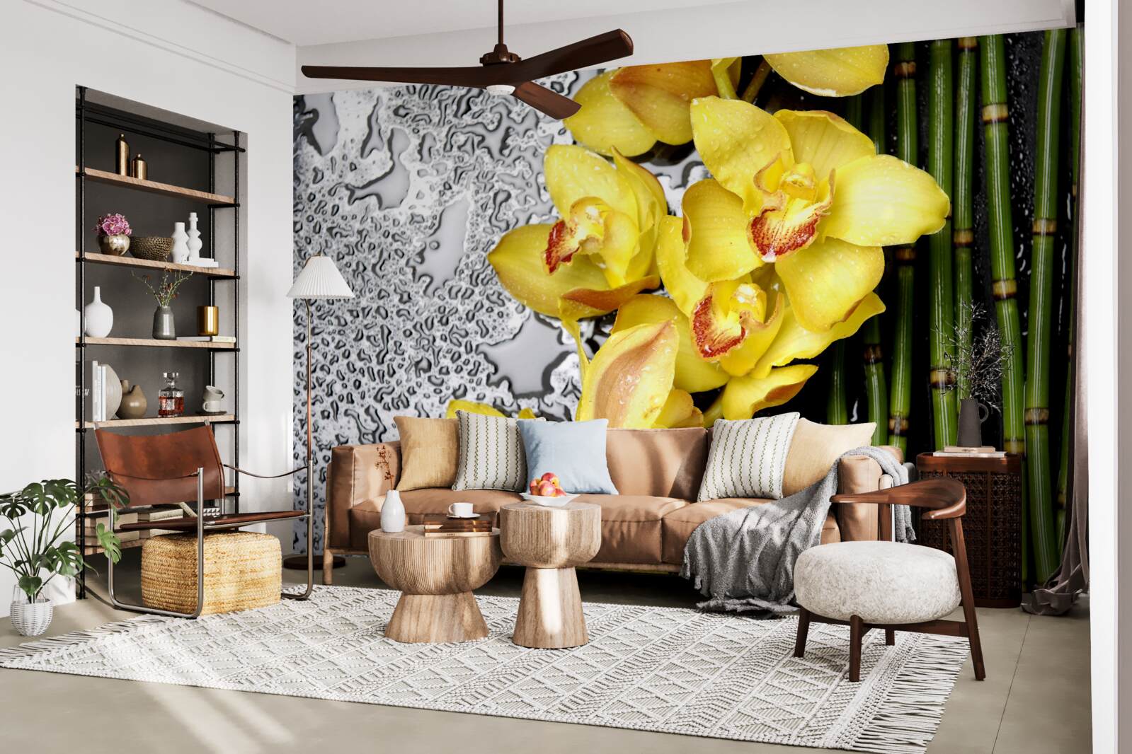 Fotobehang de gele orchidee staat op de steen naast de bamboe