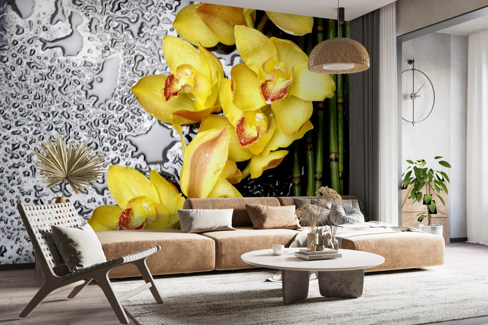 Fotobehang de gele orchidee staat op de steen naast de bamboe