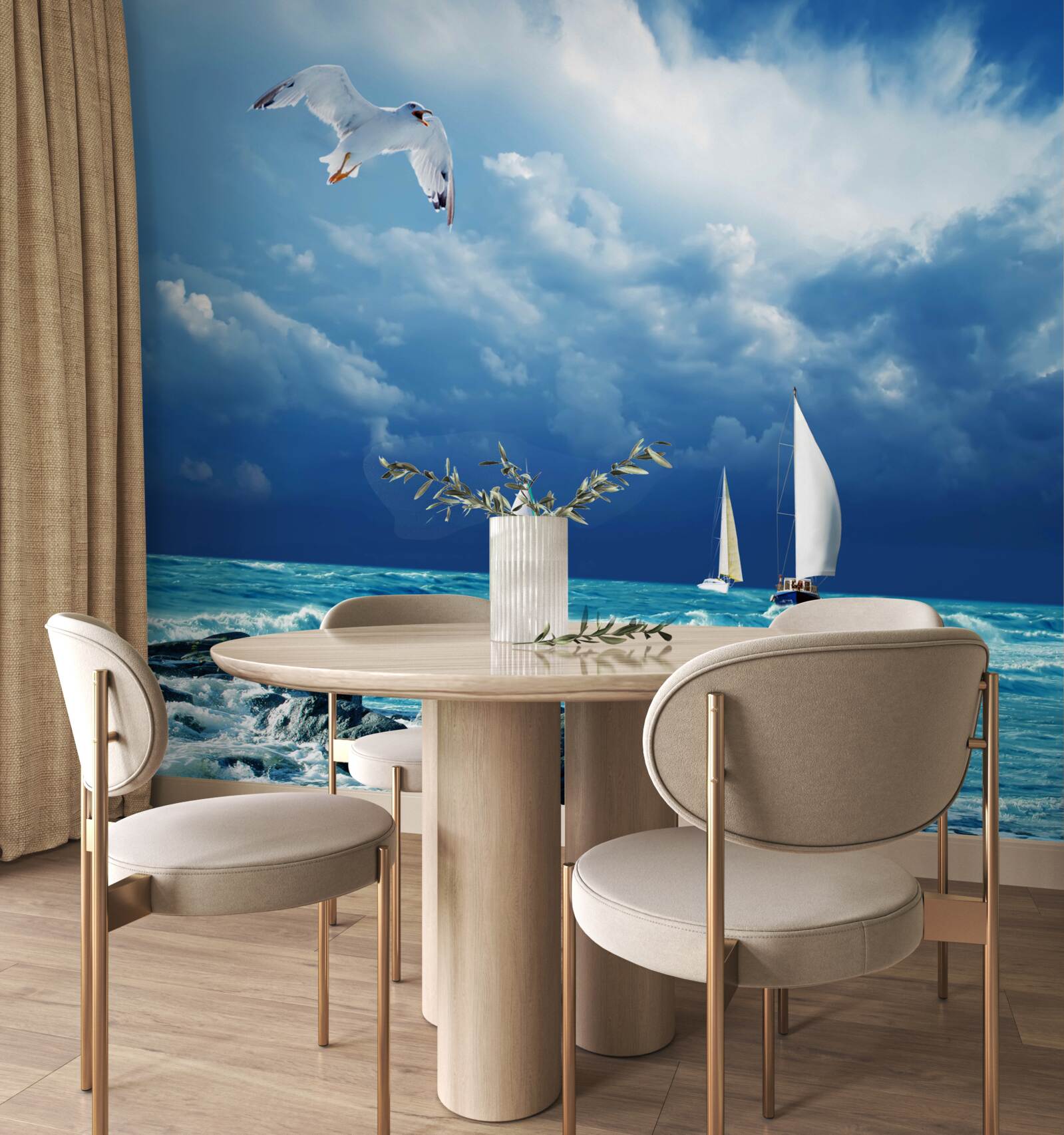 Fotobehang jachten deinen op ruwe golven vlak bij de kust