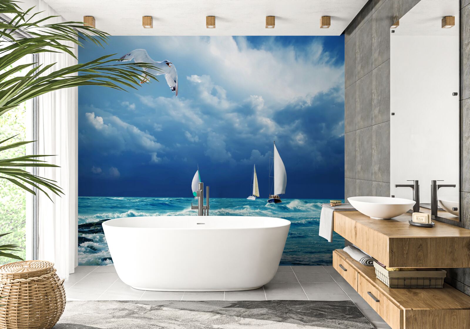 Fotobehang jachten deinen op ruwe golven vlak bij de kust