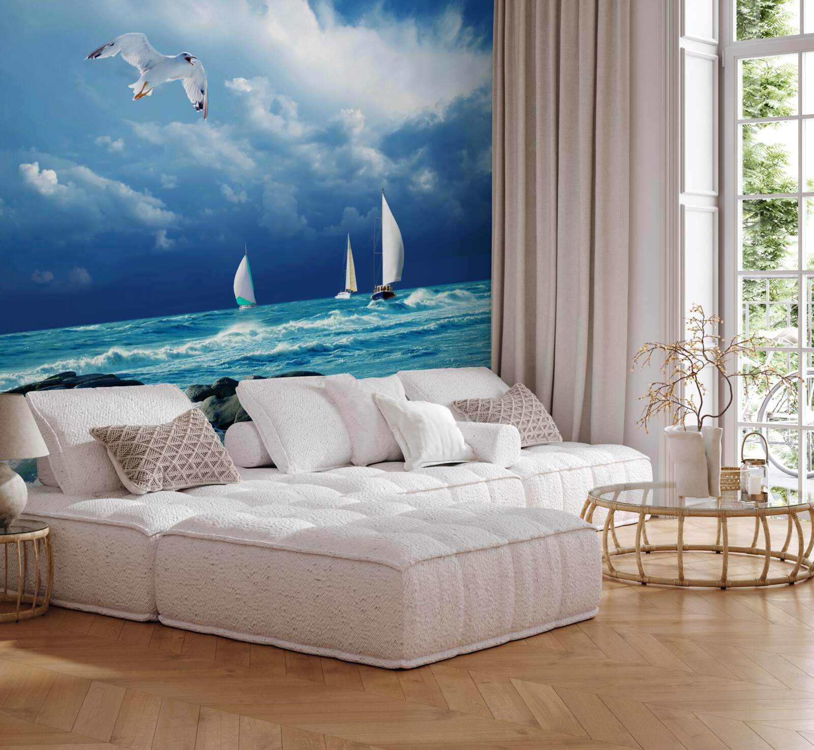 Fotobehang jachten deinen op ruwe golven vlak bij de kust