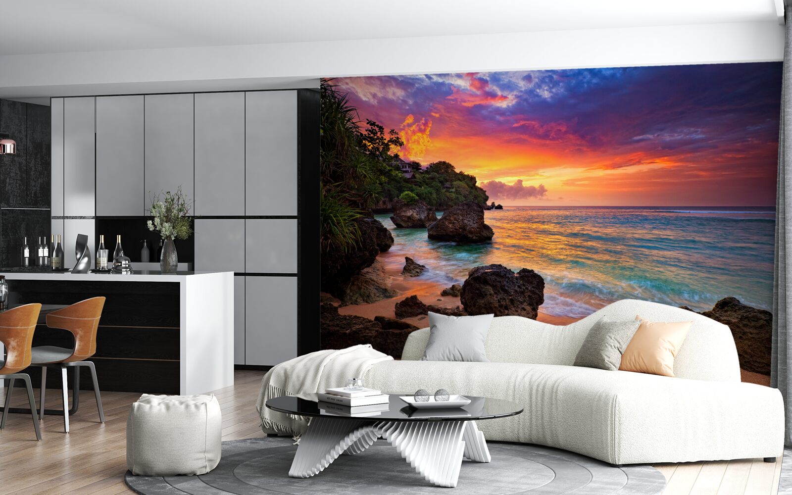 Fotobehang De kleurrijke kleuren van een zonsondergang aan een tropische kustlijn