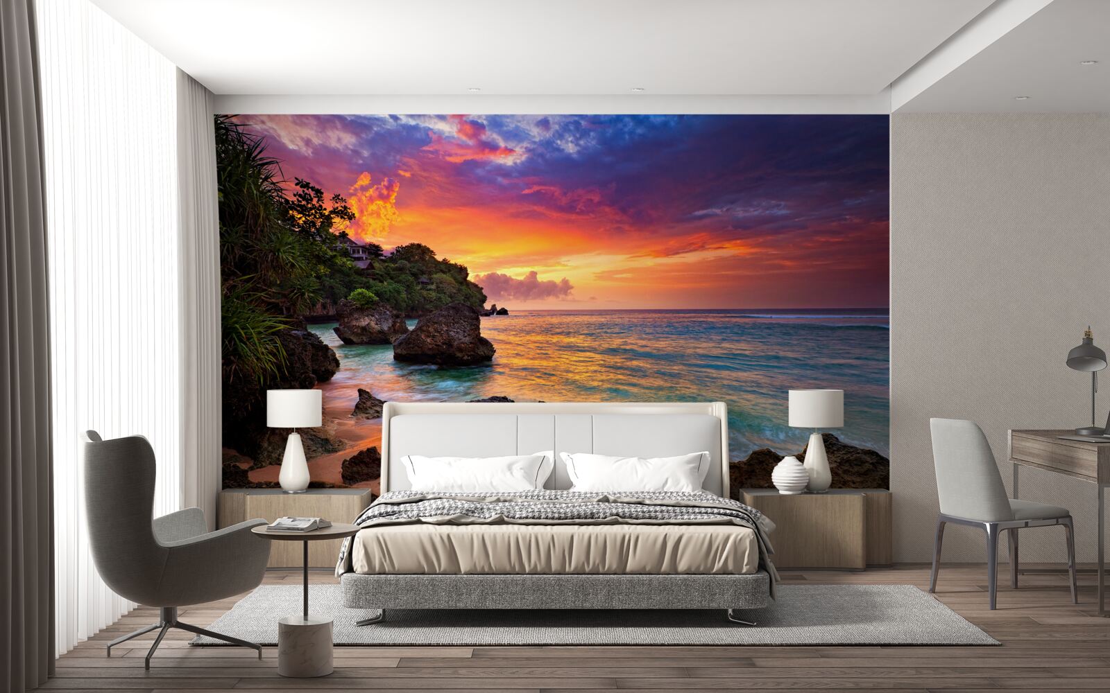 Fotobehang De kleurrijke kleuren van een zonsondergang aan een tropische kustlijn