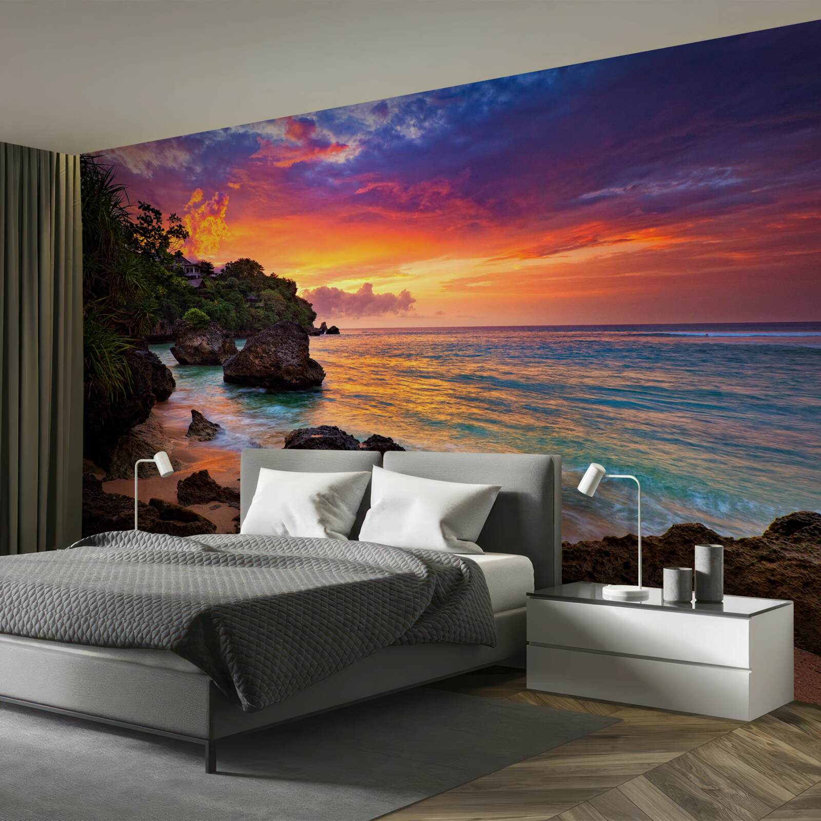 Fotobehang De kleurrijke kleuren van een zonsondergang aan een tropische kustlijn