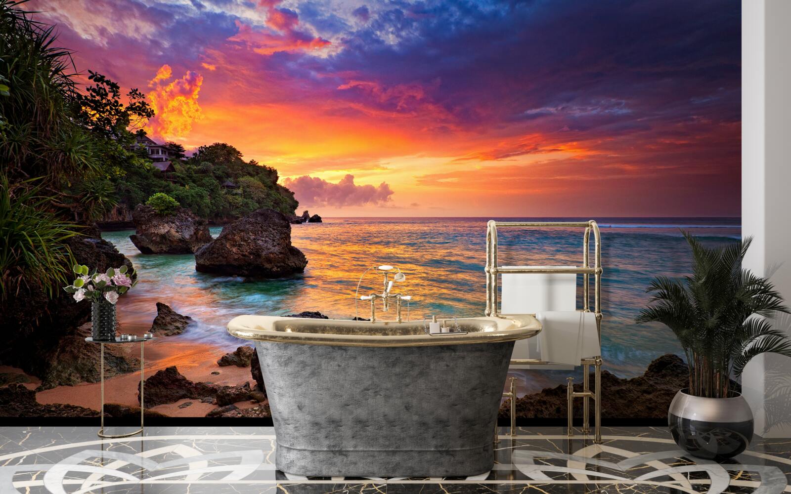 Fotobehang De kleurrijke kleuren van een zonsondergang aan een tropische kustlijn