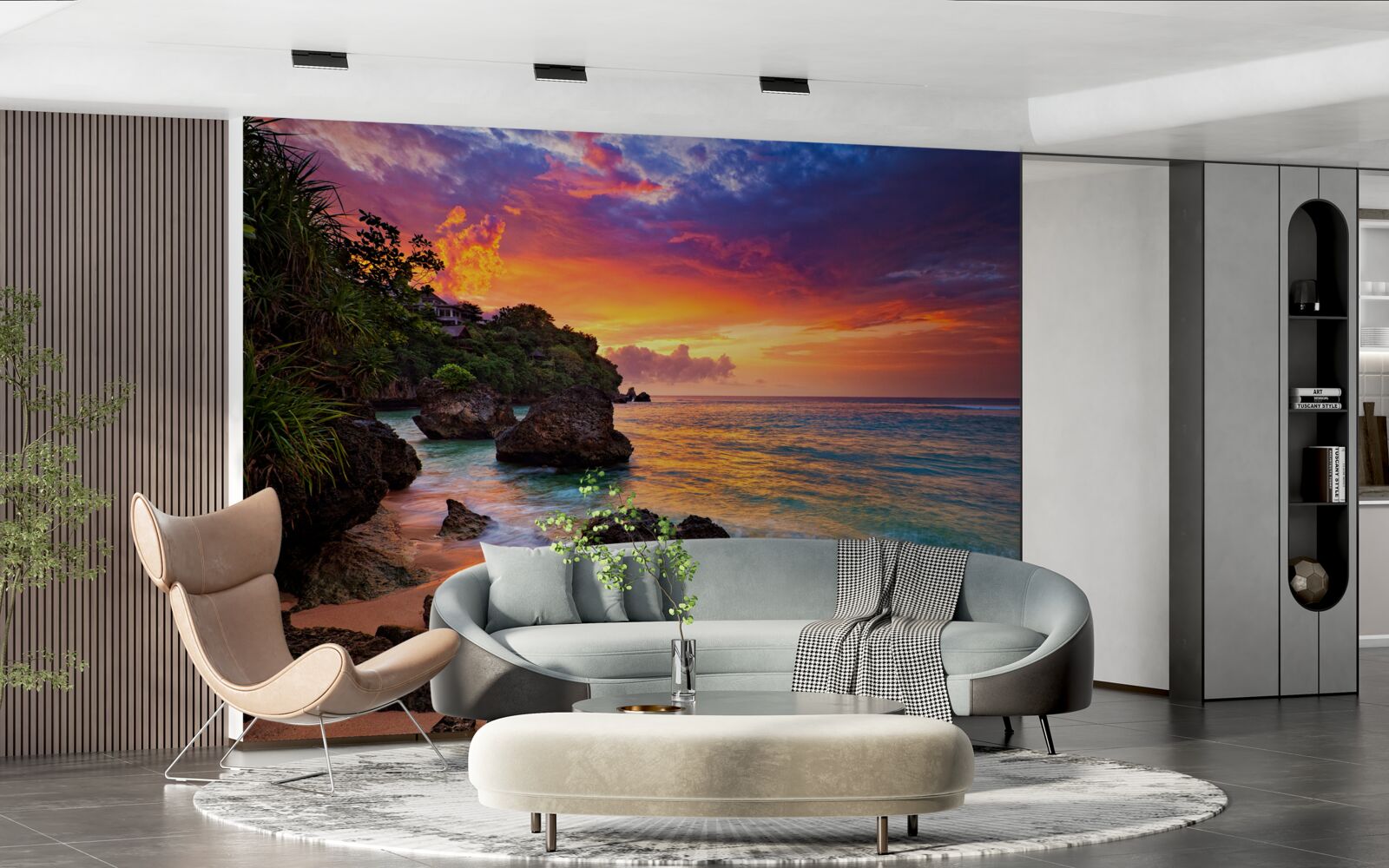 Fotobehang De kleurrijke kleuren van een zonsondergang aan een tropische kustlijn