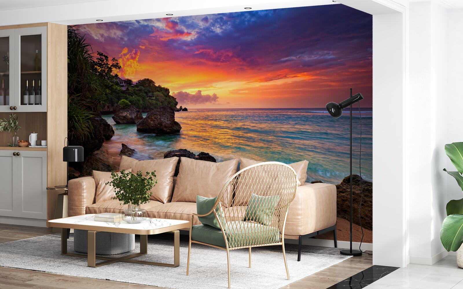 Fotobehang De kleurrijke kleuren van een zonsondergang aan een tropische kustlijn