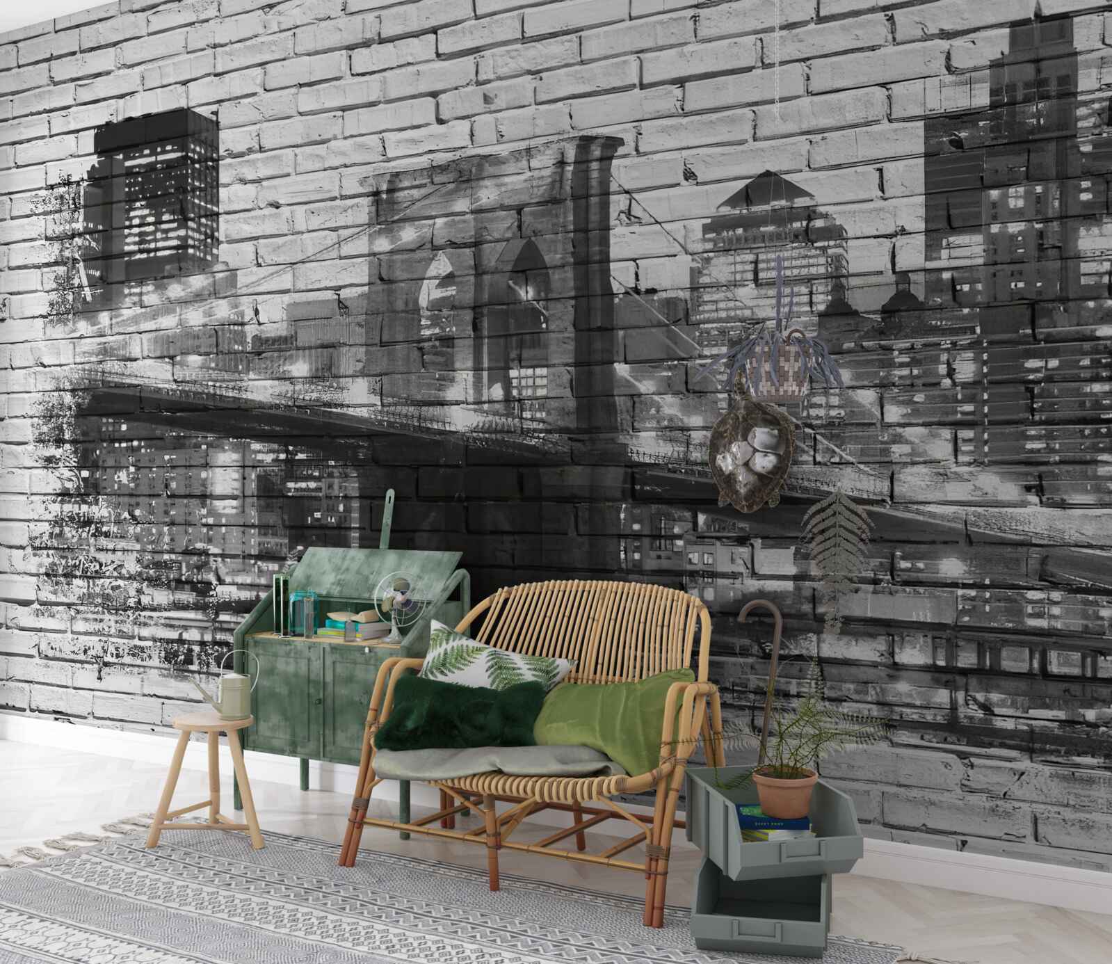 Fotobehang brug van manhattan met stadsgezicht op baksteen