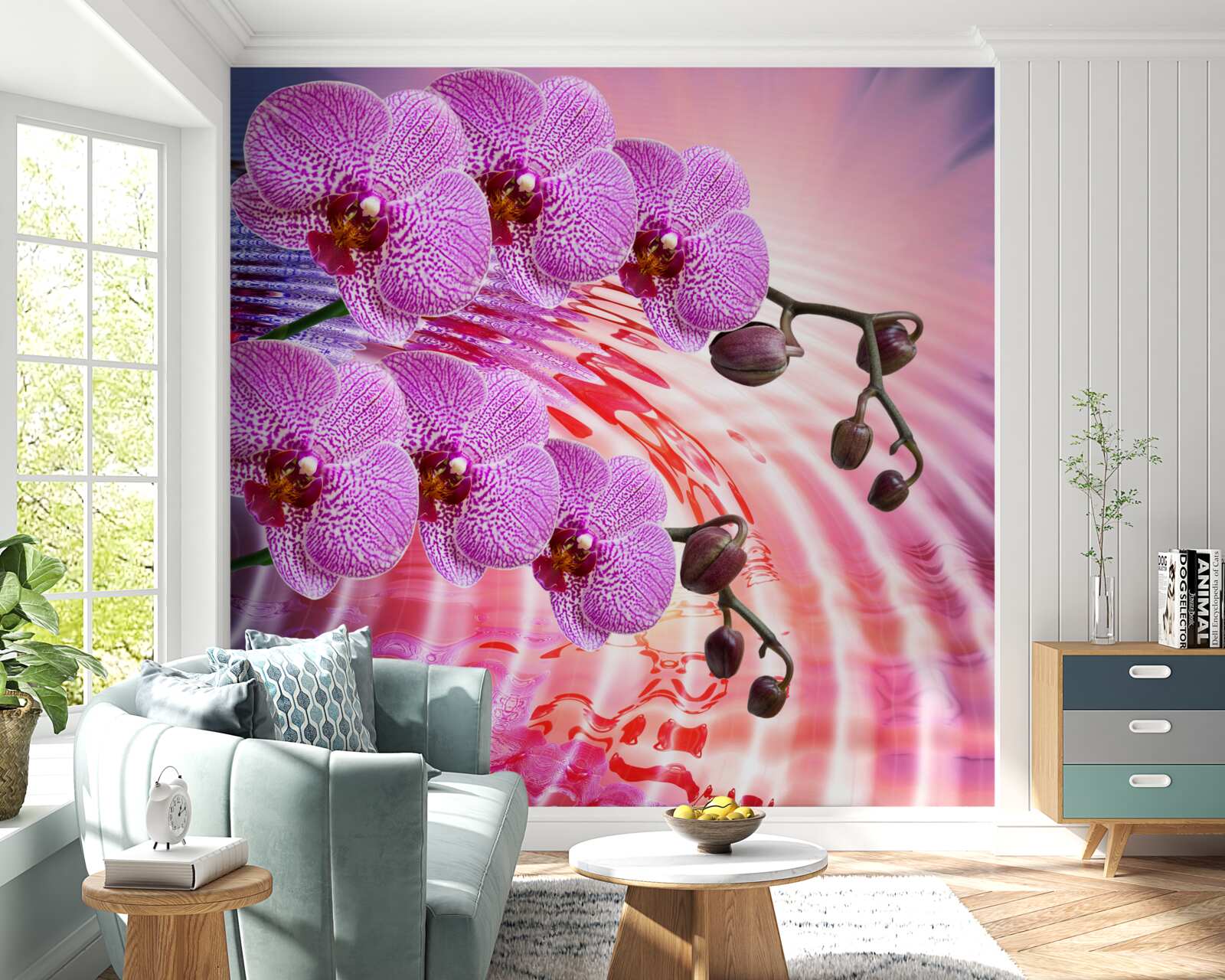 Fotobehang weerspiegeling van een luipaardorchidee met lila takken