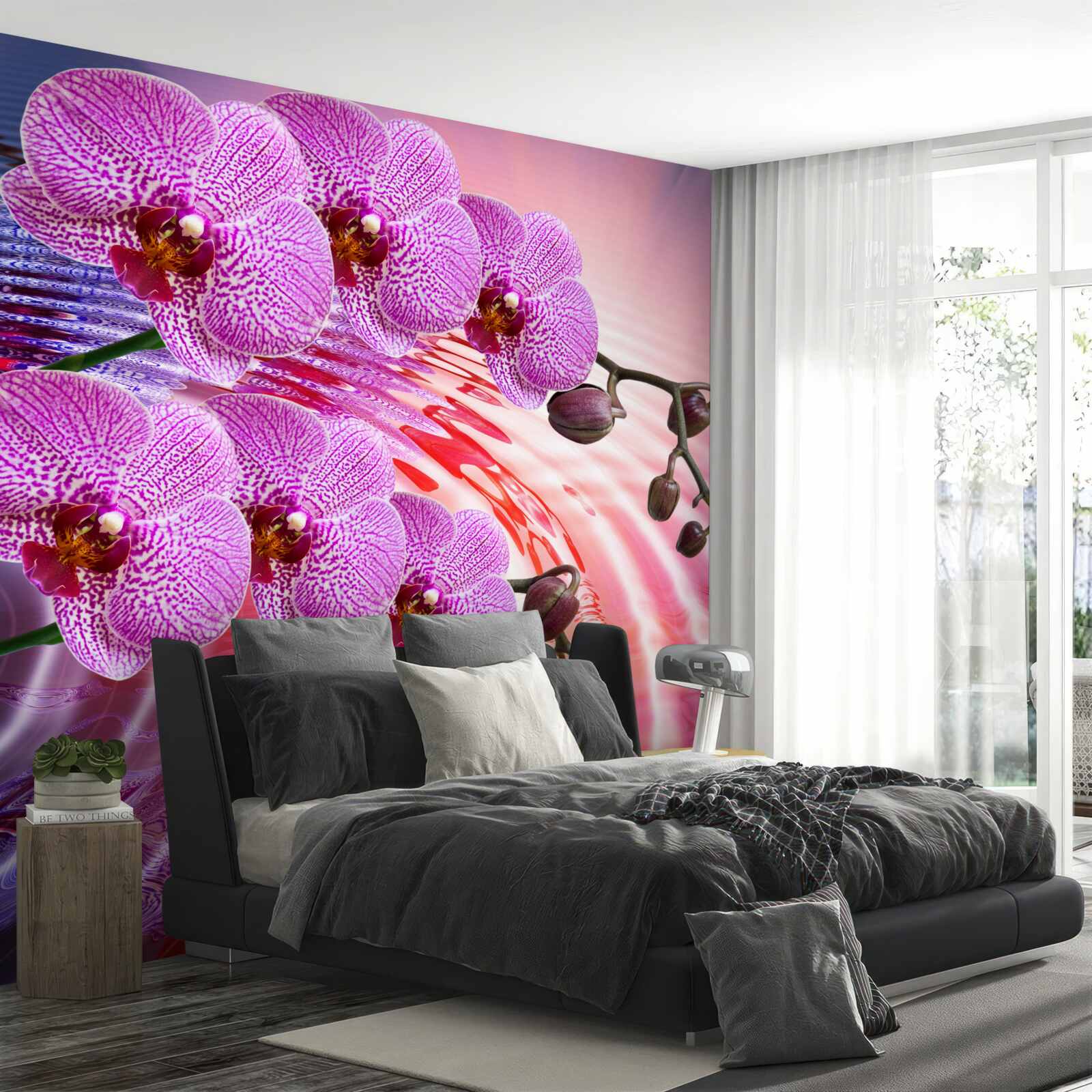 Fotobehang weerspiegeling van een luipaardorchidee met lila takken