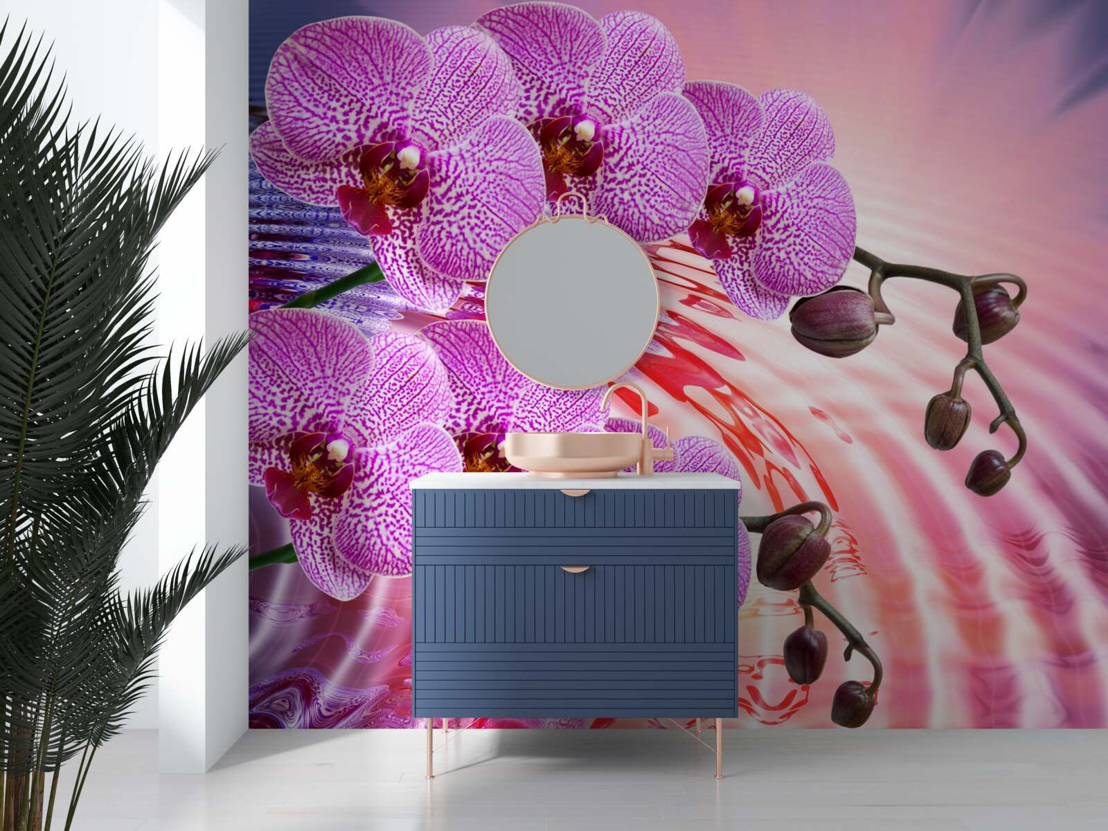Fotobehang weerspiegeling van een luipaardorchidee met lila takken
