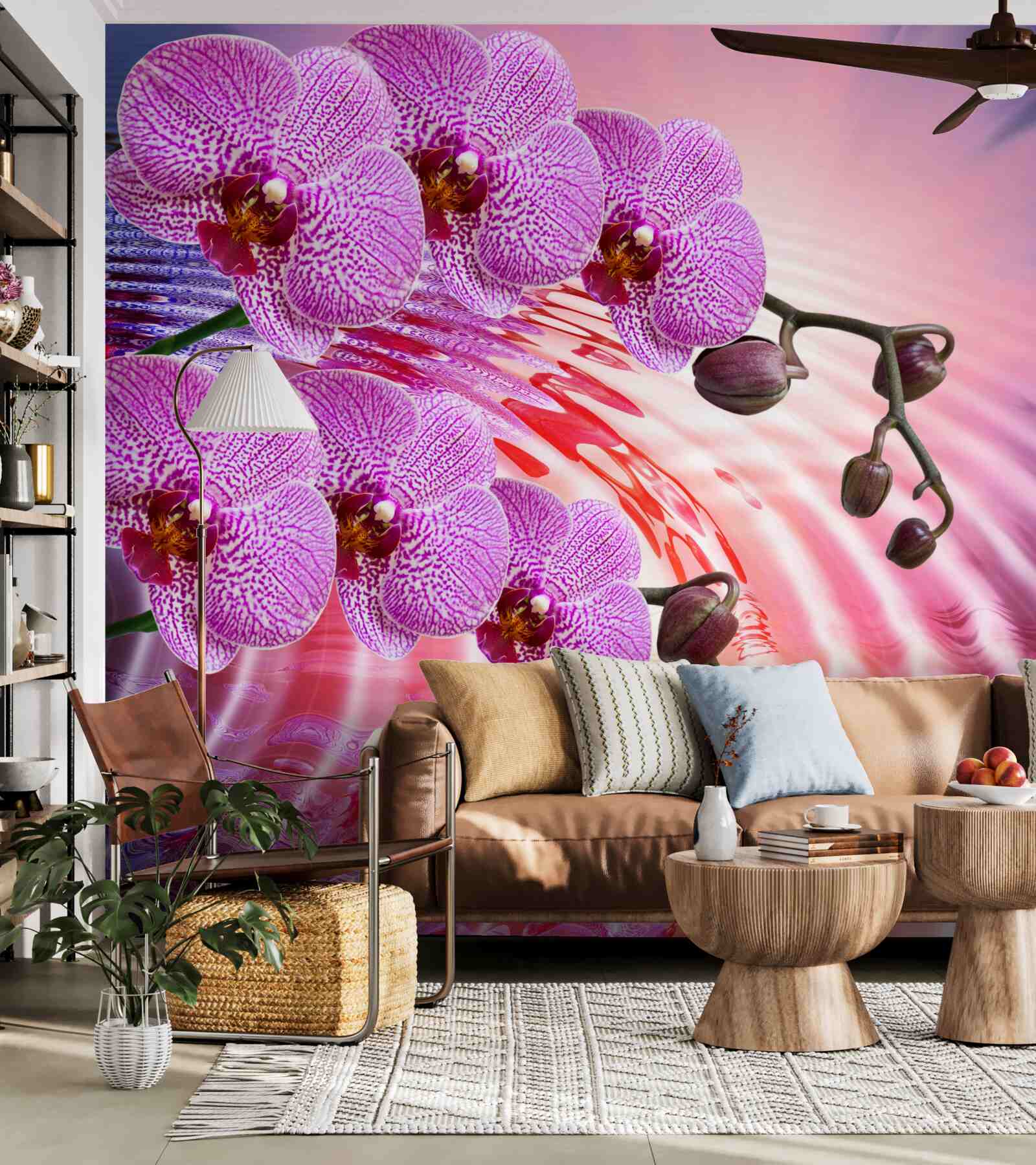 Fotobehang weerspiegeling van een luipaardorchidee met lila takken