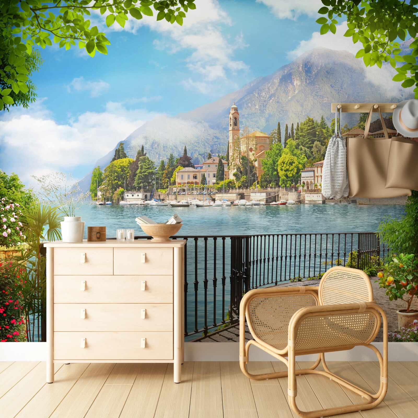 Fotobehang promenade met een panoramisch uitzicht op de historische stad en het berglandschap