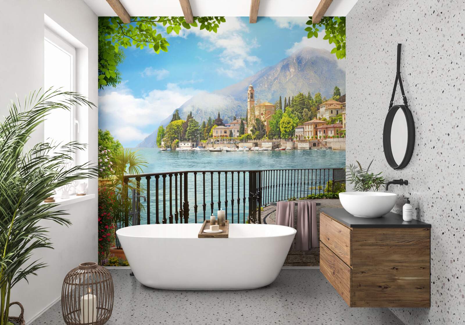 Fotobehang promenade met een panoramisch uitzicht op de historische stad en het berglandschap