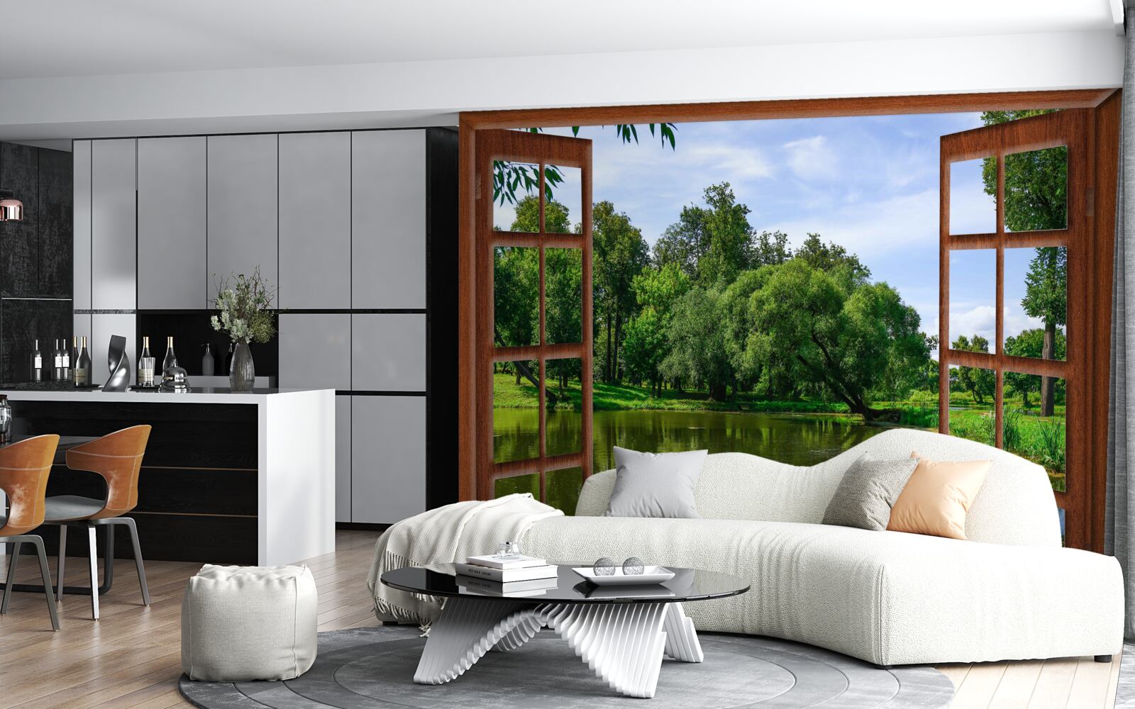 Fotobehang panoramisch natuurlandschap achter het raam