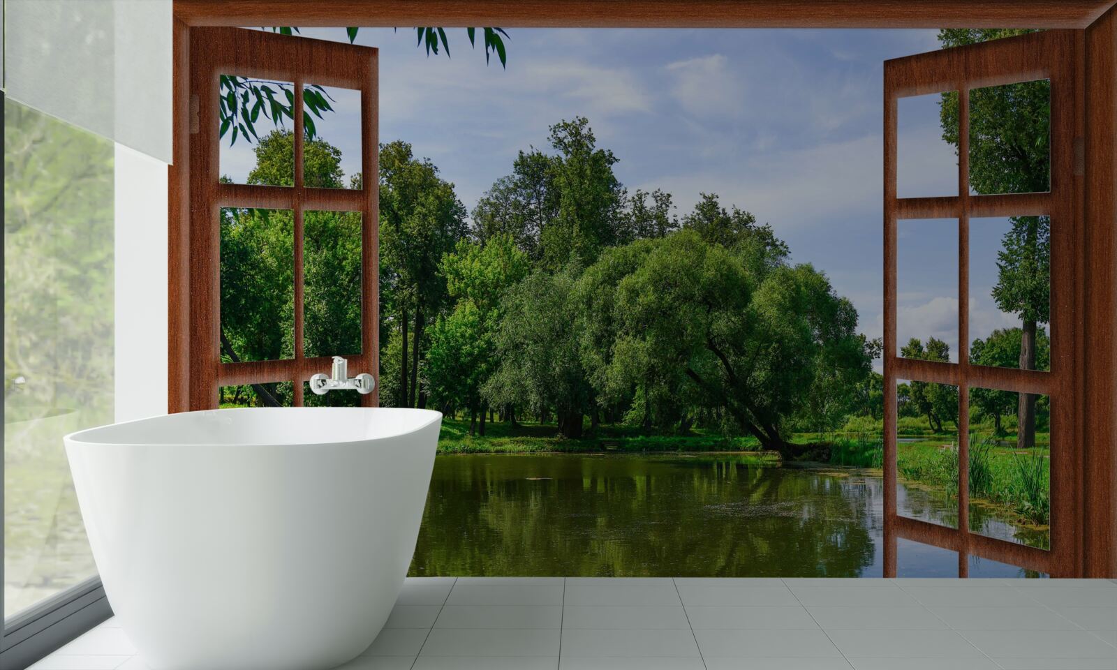 Fotobehang panoramisch natuurlandschap achter het raam