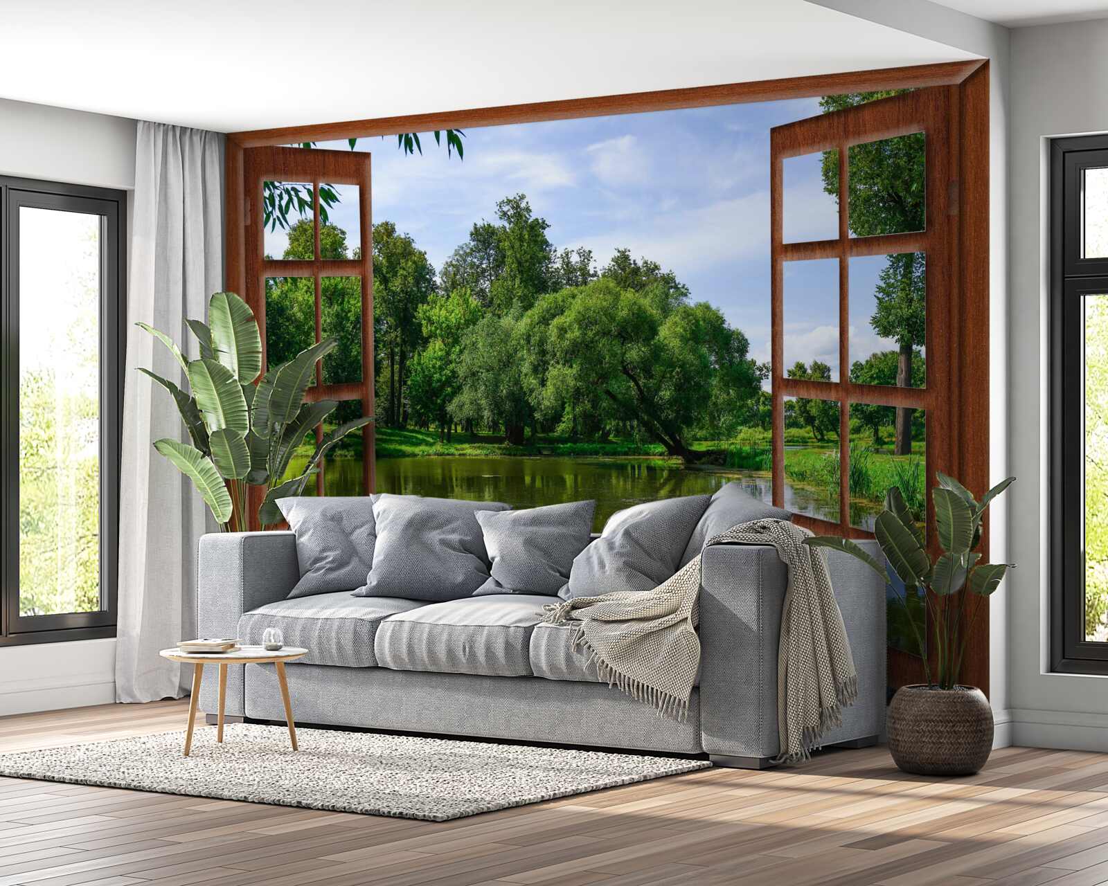 Fotobehang panoramisch natuurlandschap achter het raam