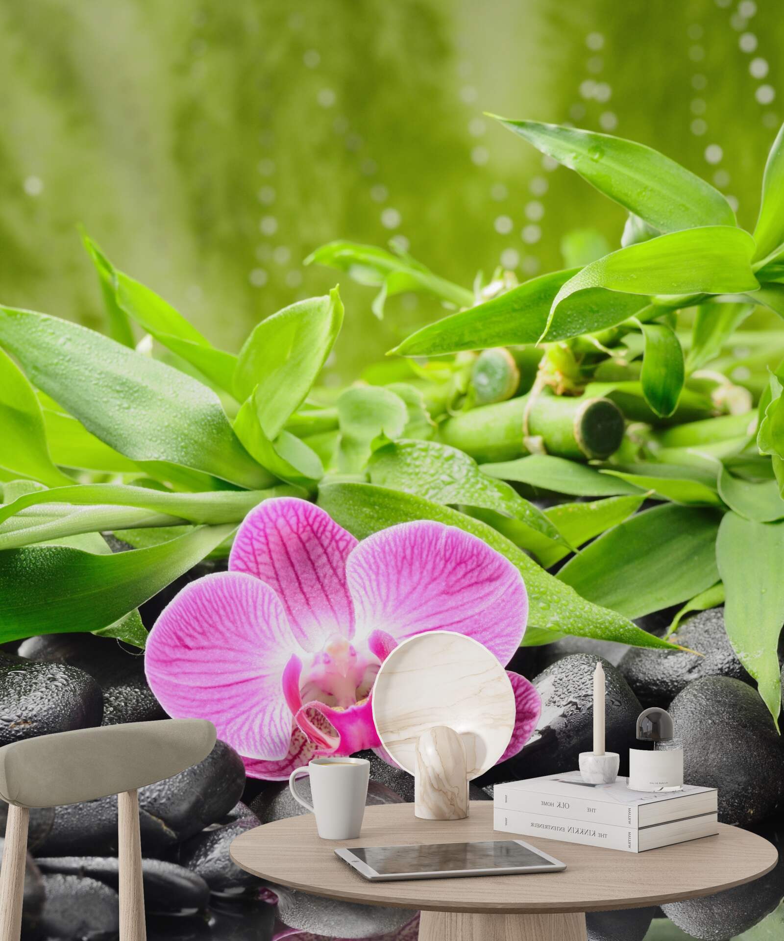 Fotobehang orchidee sierlijk geplaatst op een donkere steen bij het water