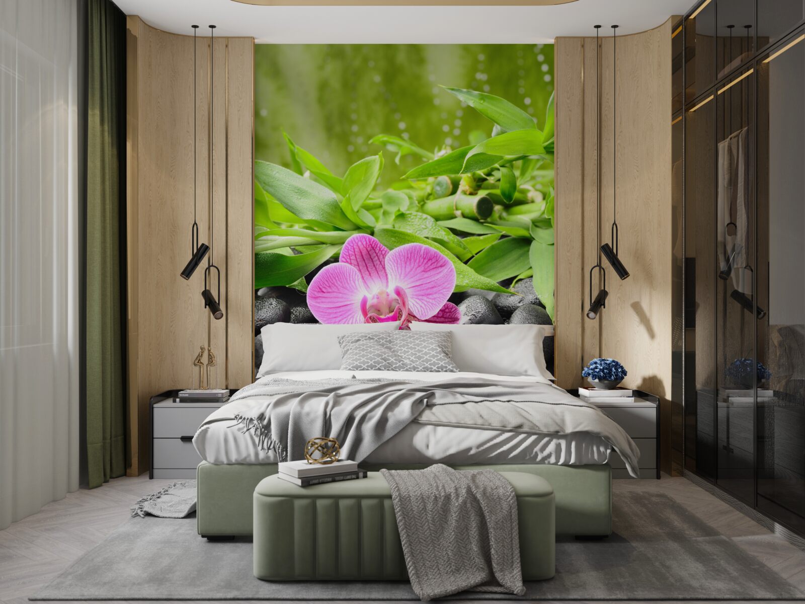 Fotobehang orchidee sierlijk geplaatst op een donkere steen bij het water