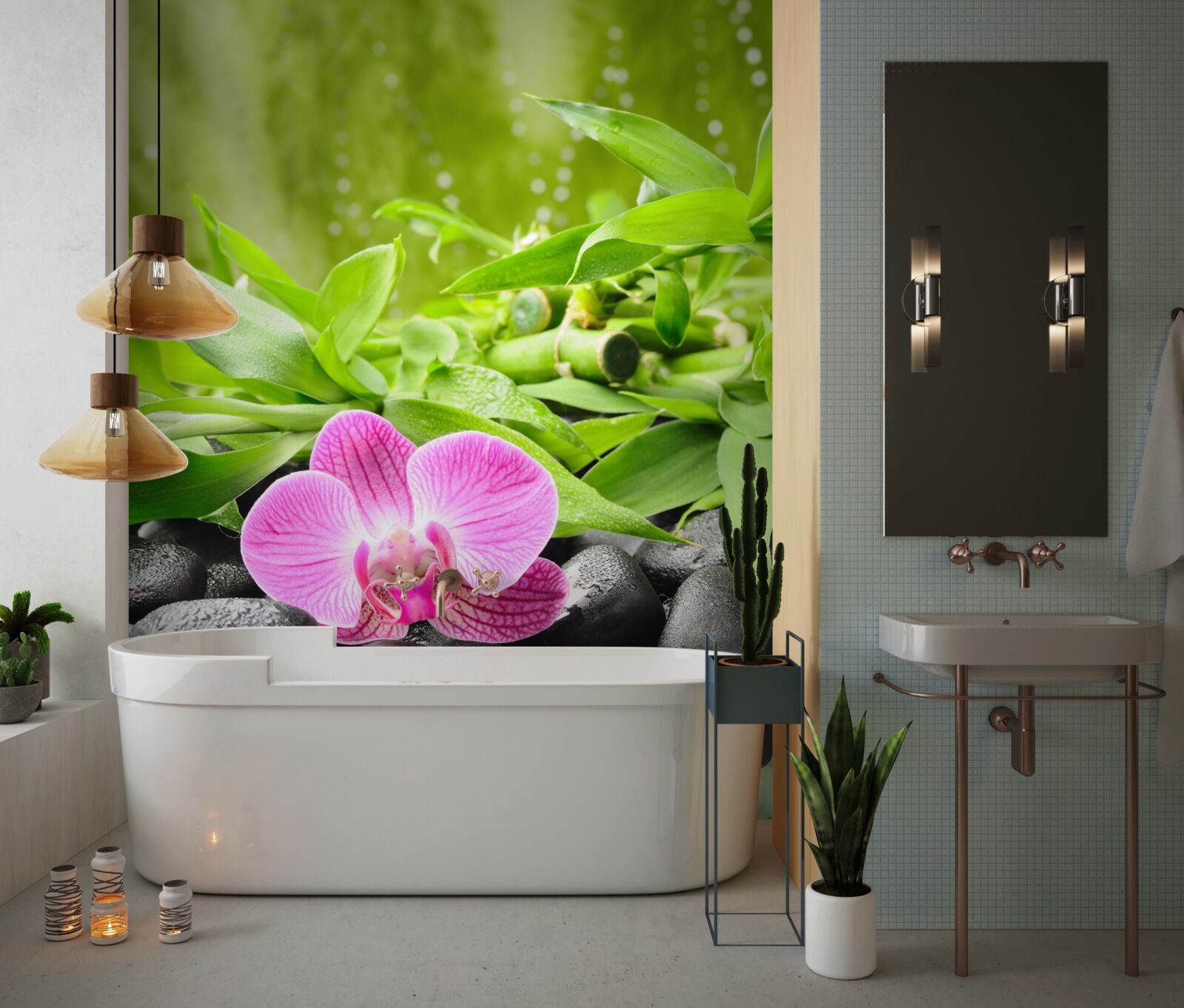 Fotobehang orchidee sierlijk geplaatst op een donkere steen bij het water