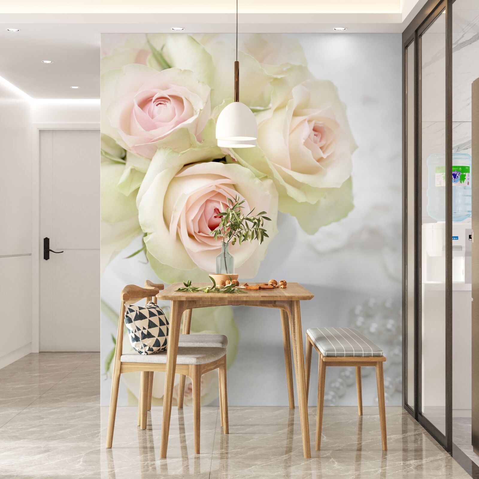 Fotobehang compositie van delicate lichtroze rozen en parels